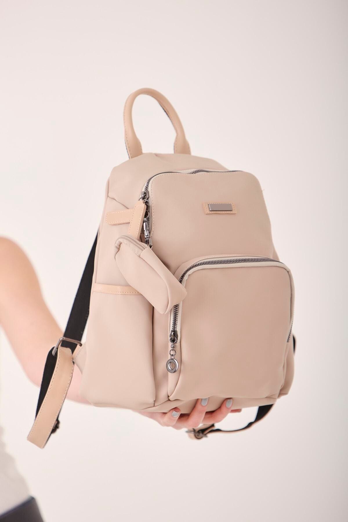 citycenterfashion Kadın Bej Altı Bölmeli Sırt Çantası Cty-lbn-0411