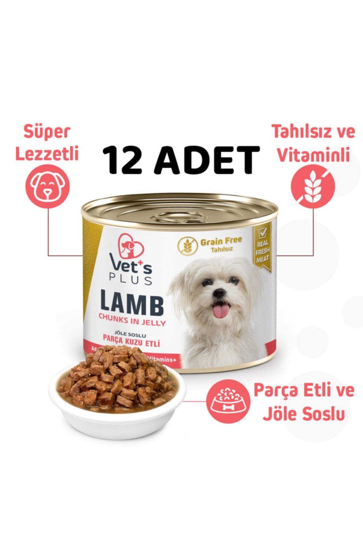 Vet's Plus Jöle Soslu Parça Kuzu Etli Tahılsız Köpek Konservesi 200gr - 12 Adet