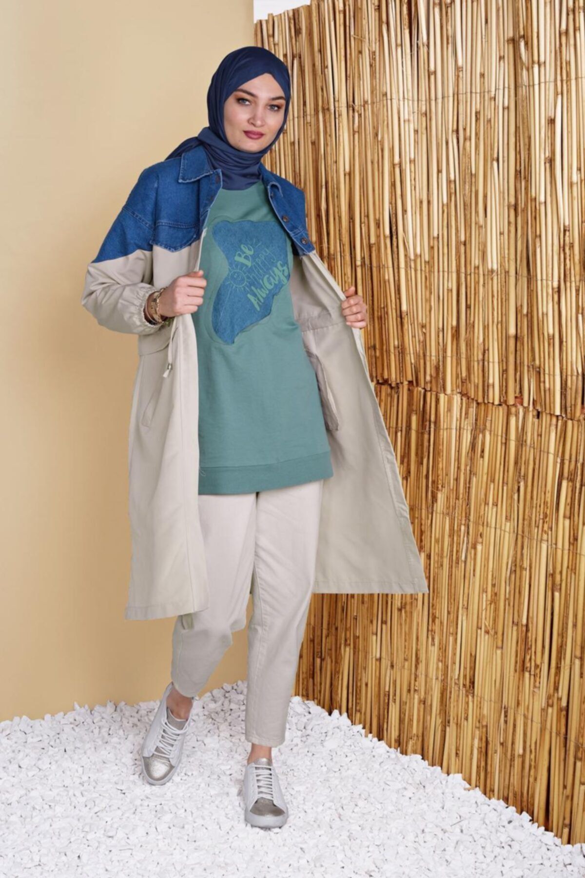 TRENDTESETTÜR Denim Detaylı Büzgü Bağcıklı Trençkot 671