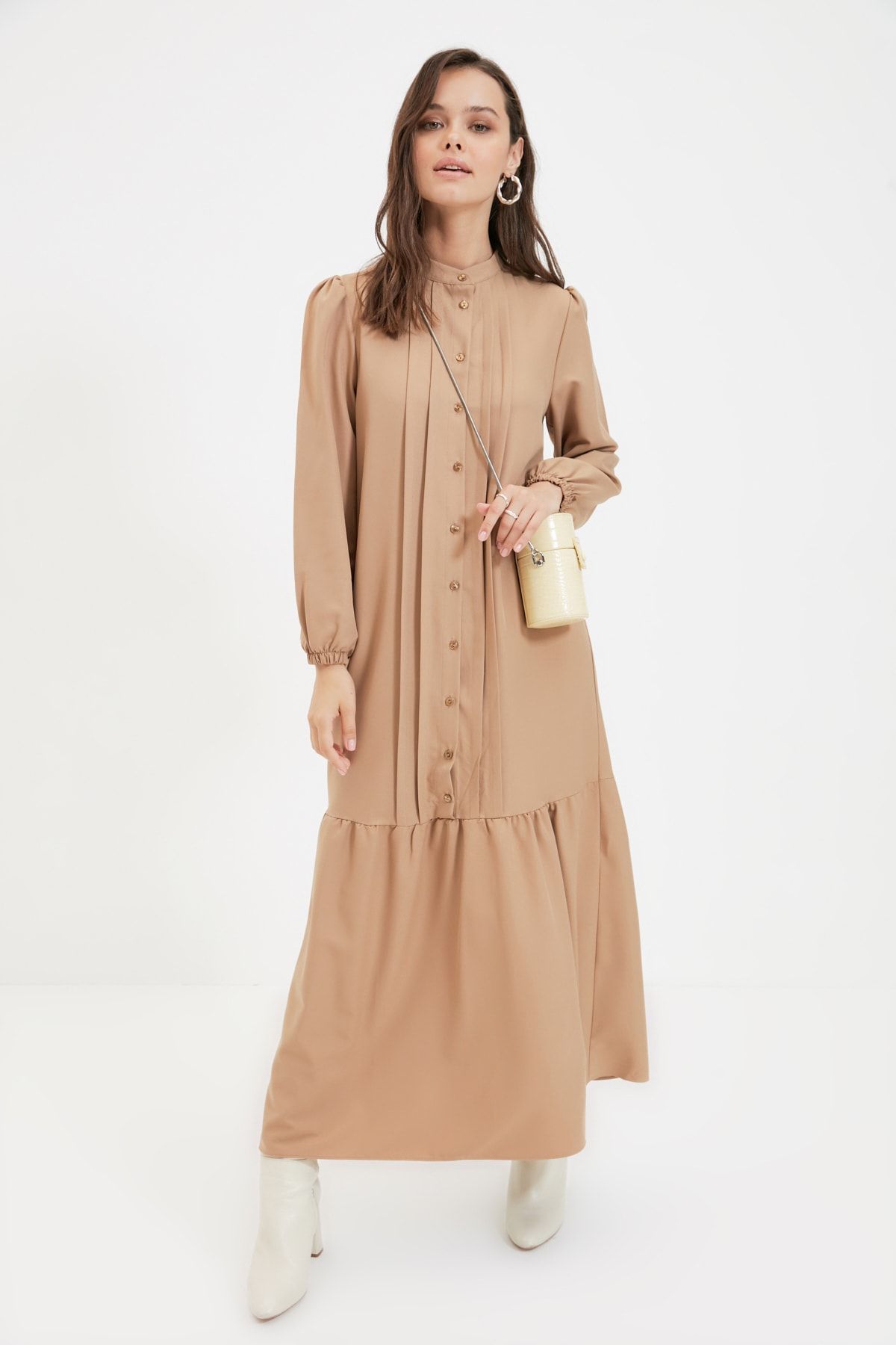 Trendyol Modest Camel Volanlı Gömlek Elbise TCTAW22EB0133