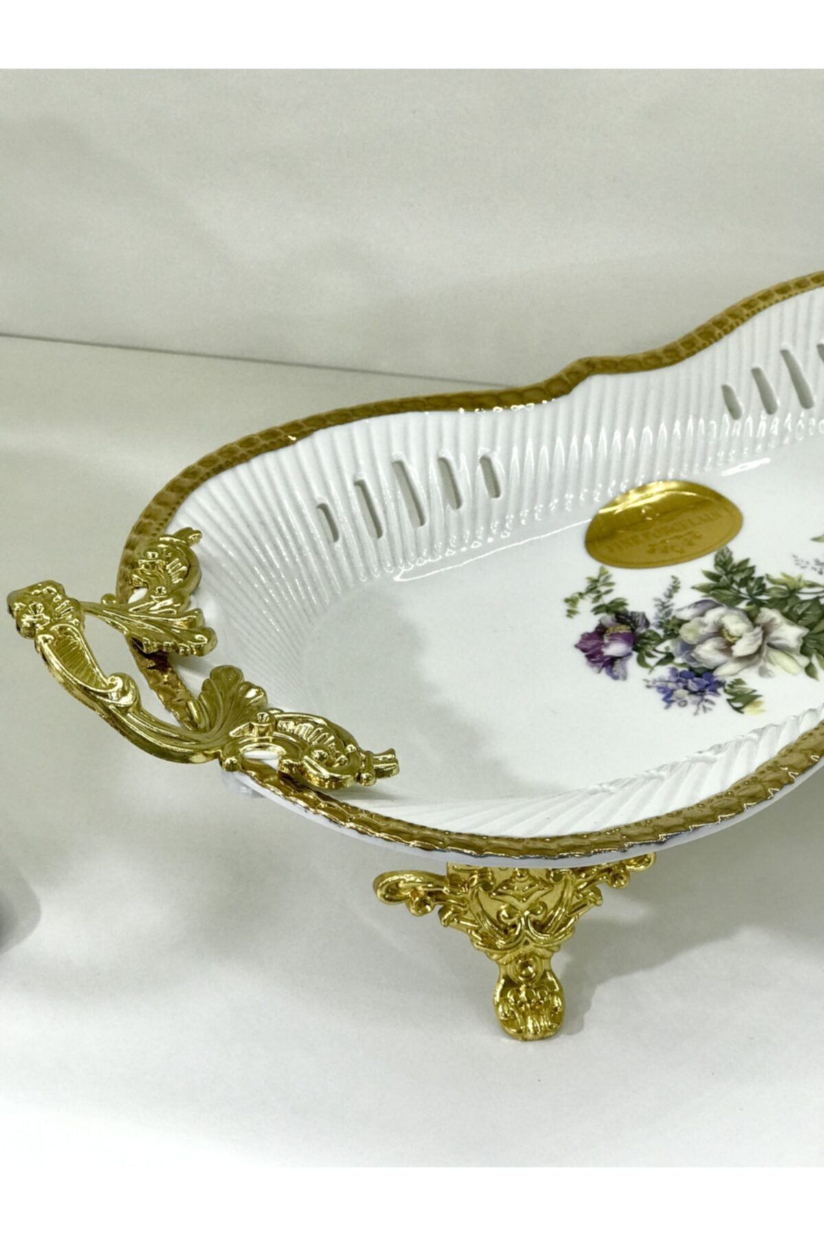 Çeyiz Fabrikası Şekerlik Sunumluk Gondol Metal Kulplu Gold Porselen