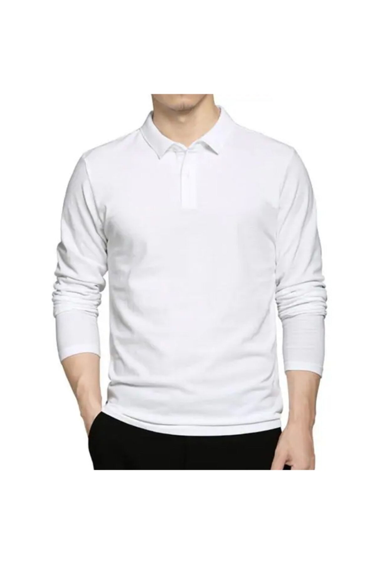 HediyeMania Polo Yaka Uzun Kollu Beyaz Tişört Pamuklu Uzun Kol Polo Yakalı Tshirt