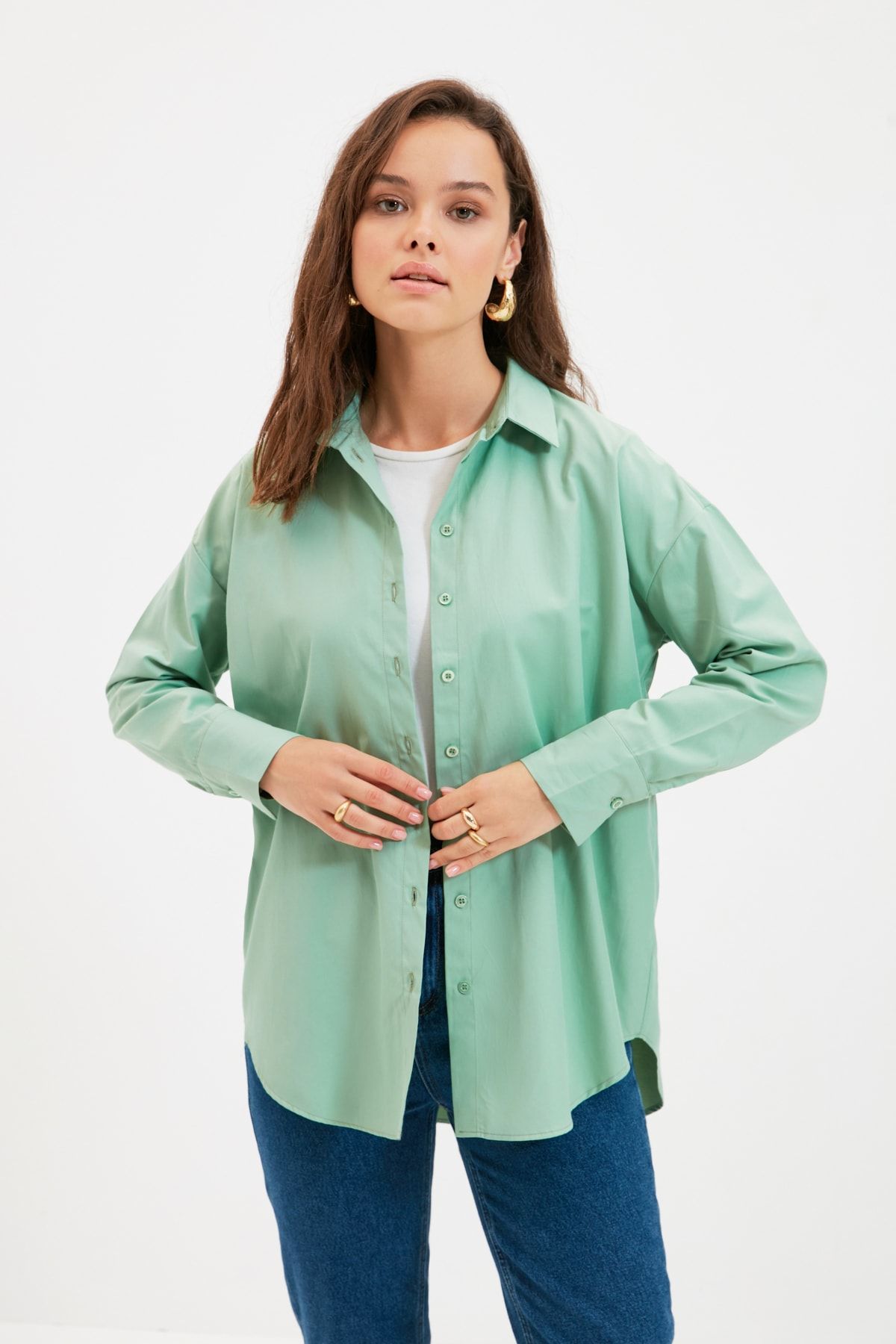 Trendyol Modest Yeşil Gömlek Yaka Tunik TCTAW22UK0079