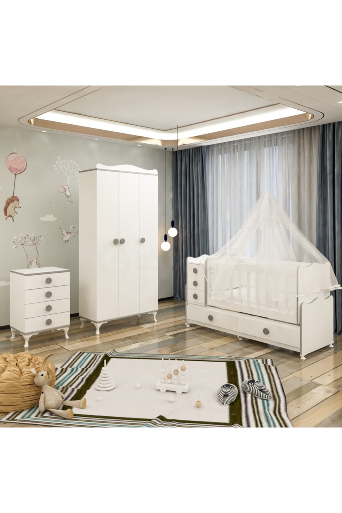 Garaj Home Melina Yıldız 3 Kapaklı Bebek Odası Takımı Gri - Yatak Ve Uyku Seti Kombinli Uyku Seti Krem