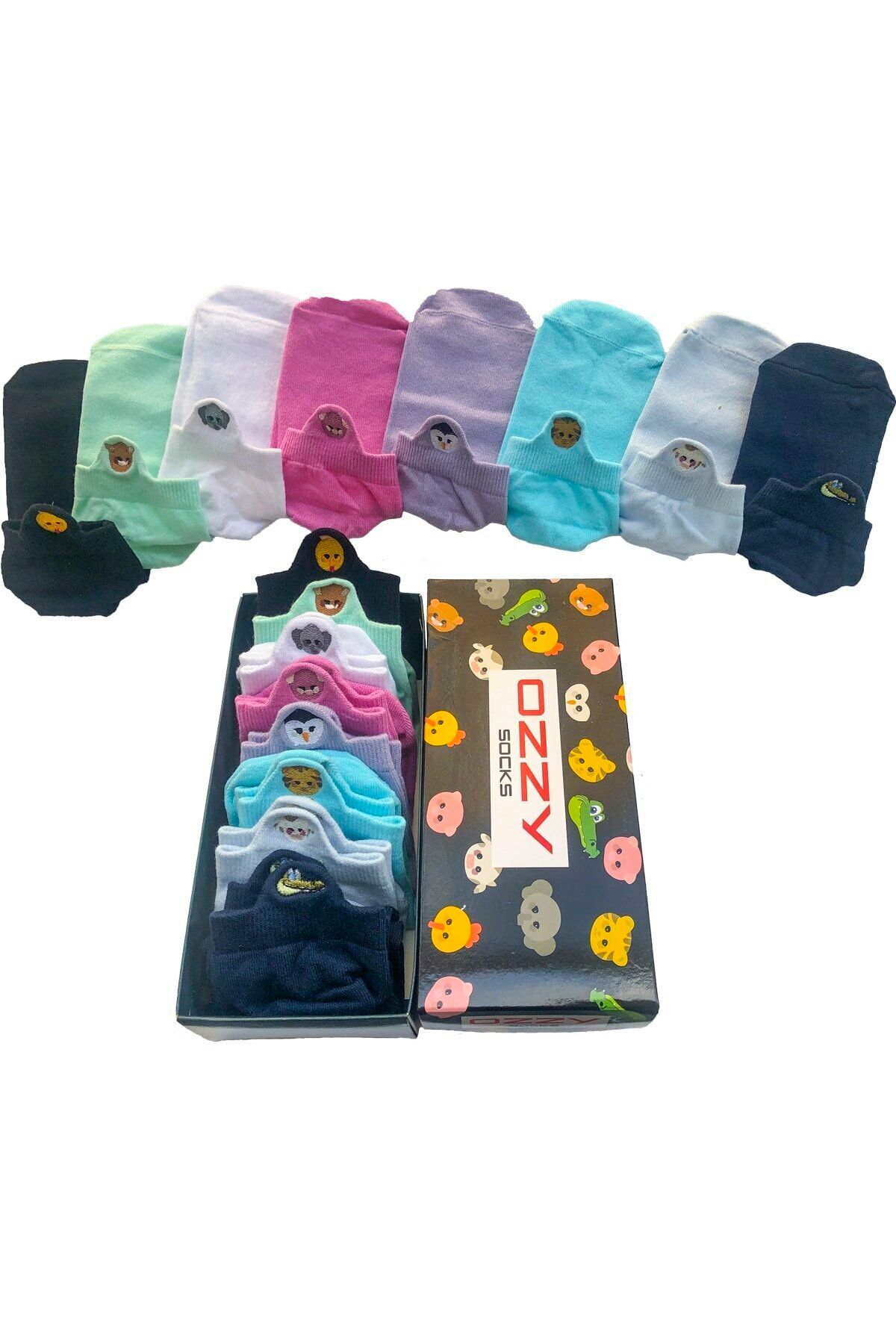 Ozzy Socks 8 Çift Kutulu Kadın Sevimli Hayvanlar Emojili Nakışlı Patik Çorap