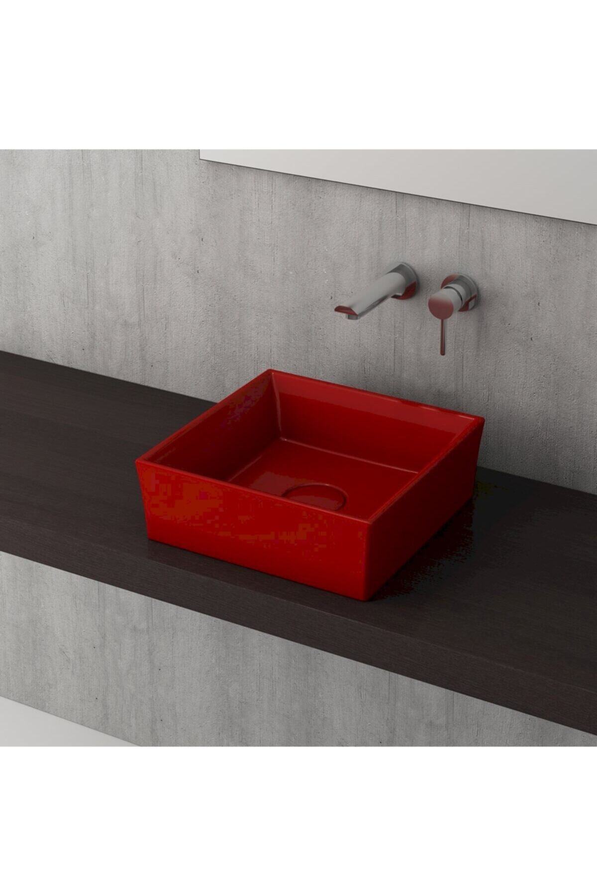 Bocchi Vessel Kare Lavabo 38x38 Cm - Parlak Kırmızı