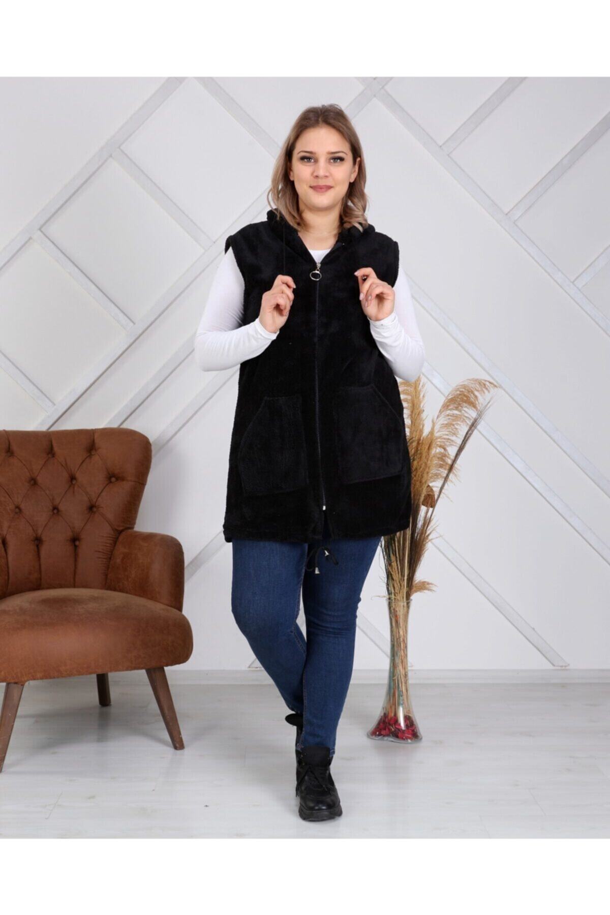 Big Love Cepli, Fermuarlı Ve Kapşonlu Büyük Beden Peluş Polar Spor Yelek Siyah