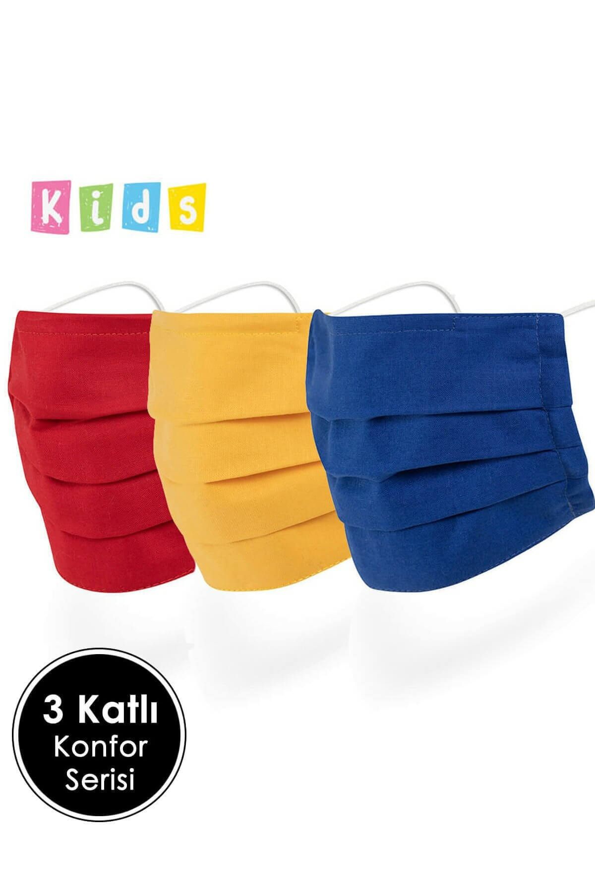 Mutlu Maske 07-16 Yaş Çocuklar Için Telli 3 Katlı Pamuklu Kumaş Renkli Yıkanabilir Bez Çocuk Maskesi 3'lü Set