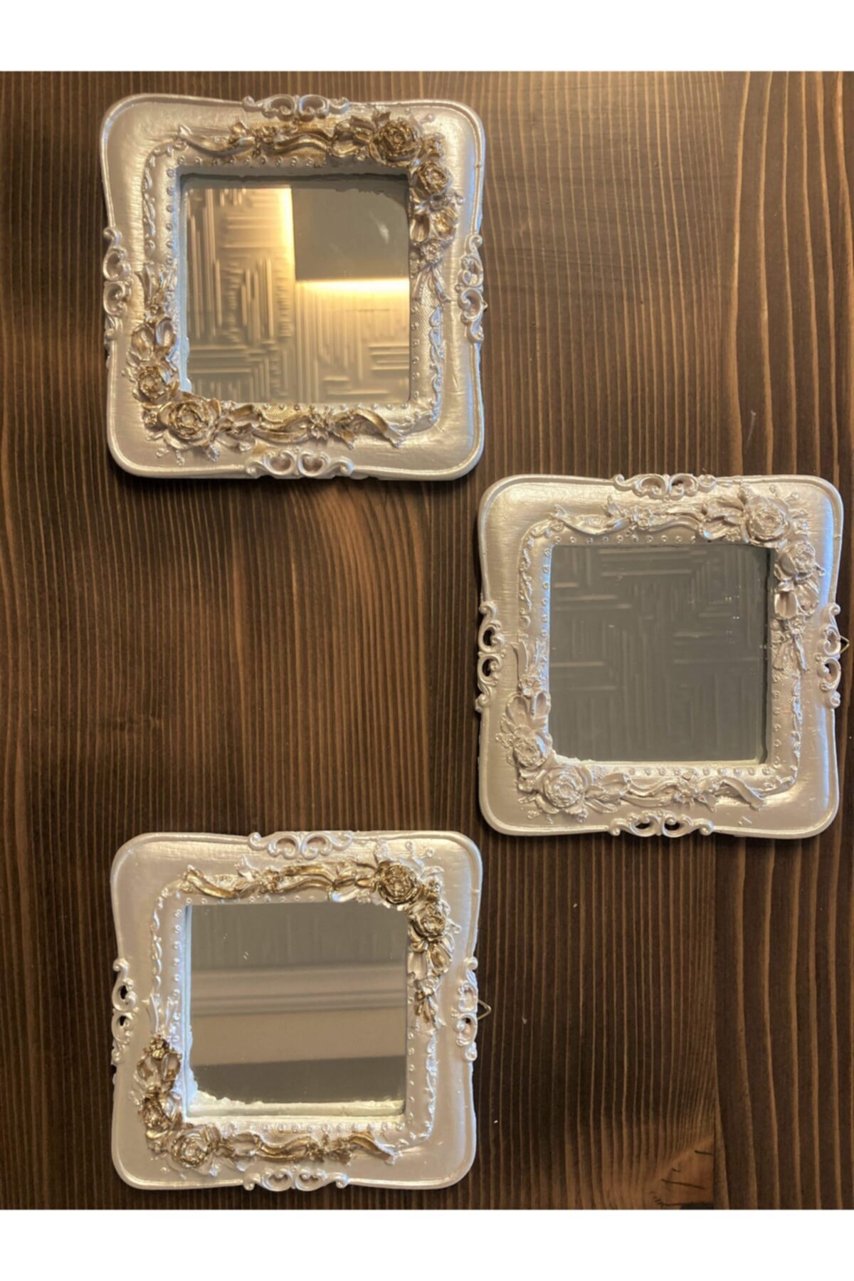 SARBUNU Gonca 3'lü Dekoratif Ayna Duvar Aynası Sedef Renk 13 Cm