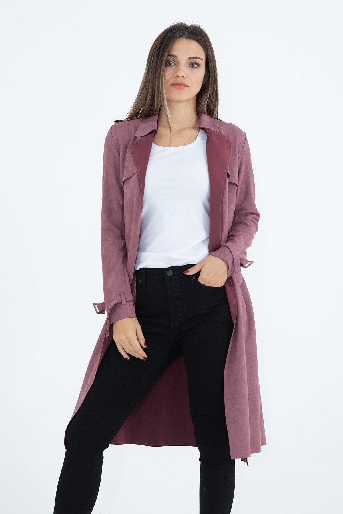 VAPUR TEKSTİL Kadın Pembe Süet Uzun Ceket Kemerli Trençkot