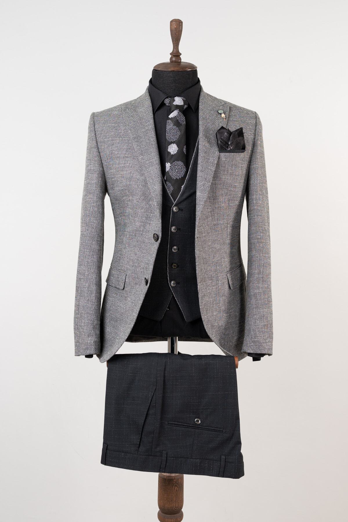 GUERRO Classıc Yelekli Slim Fit Kombinli Gri-siyah Armürlü Takım Elbise 8107-01s