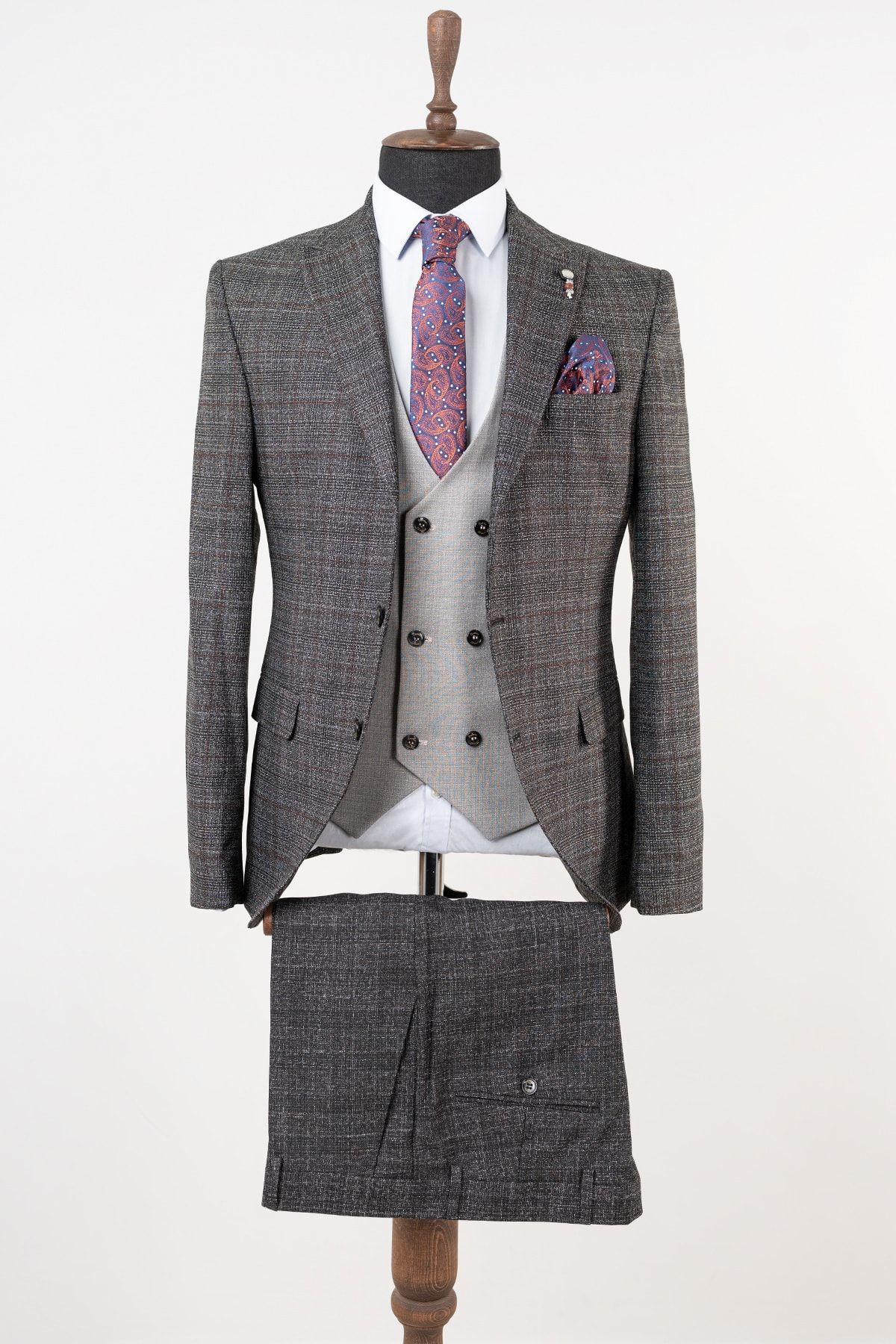 GUERRO Classıc Yelekli Slim Fit Kombinli Siyah-ekoseli Armürlü Takım Elbise 8098-01br