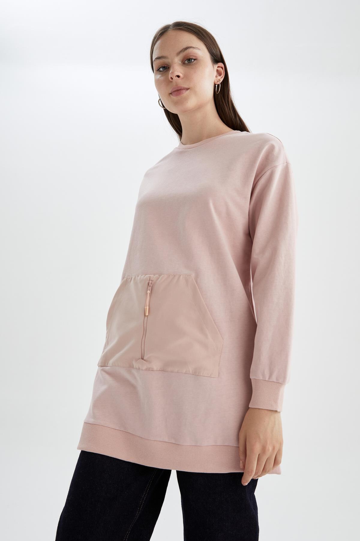 DeFacto Regular Fit bisiklet Yaka Kanguru Cepli Sweatshirt Tunik