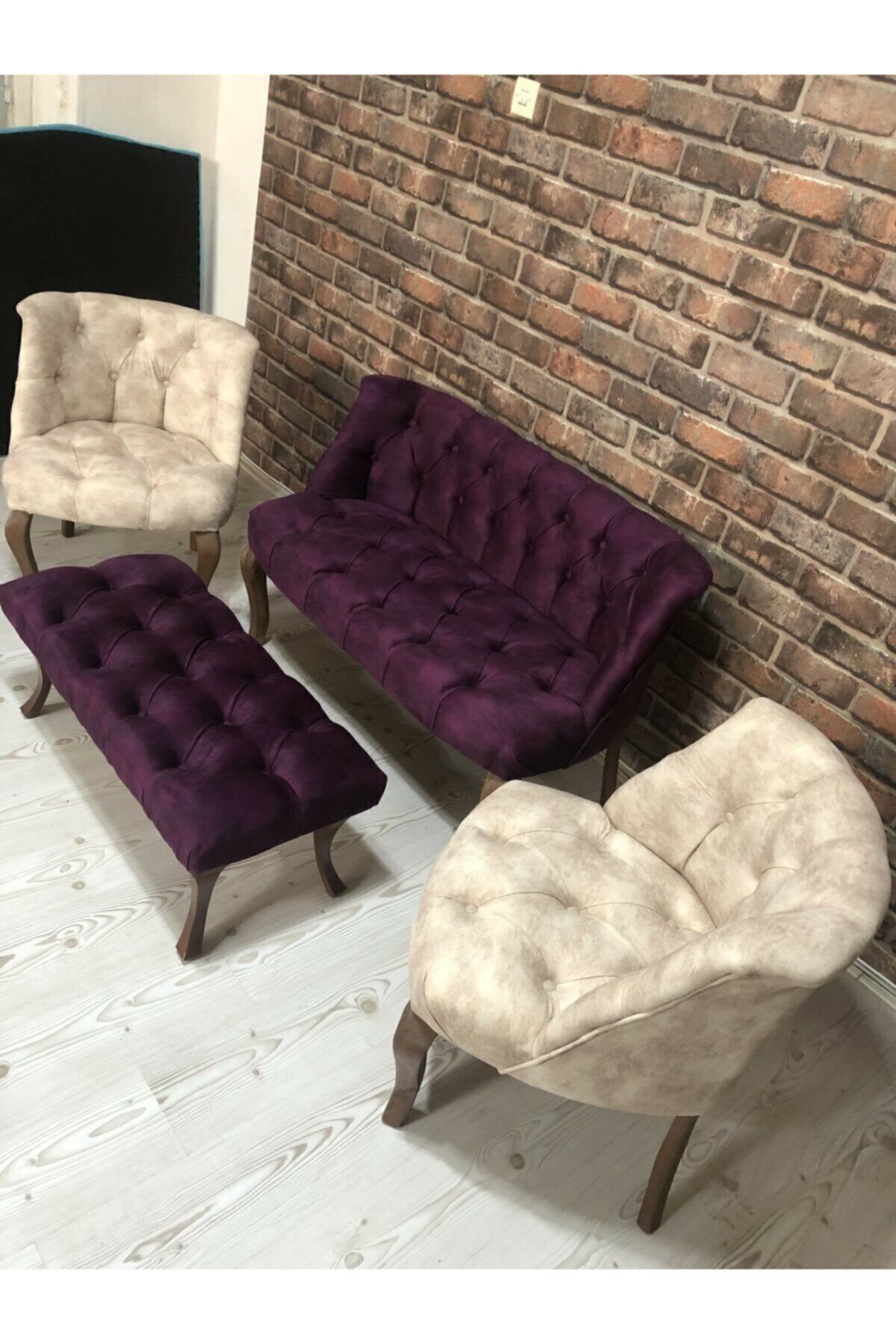 ElizzanMobilya Krem Ve Mürdüm Çay Seti Berjer Koltuk Takımı 2+1+1 Koltuk Ve Bench Bank
