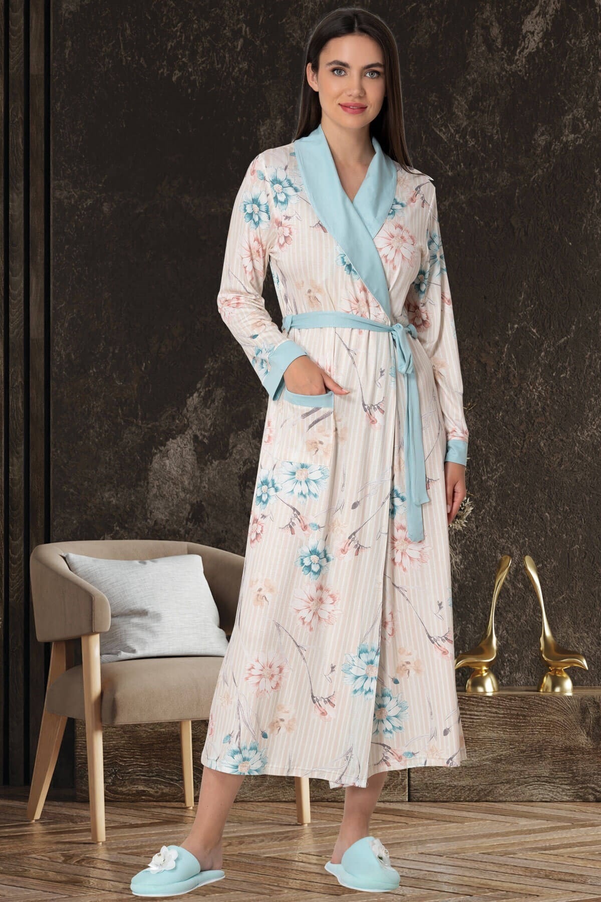 Mecit Pijama Turkuaz Çiçek Desen Kadın Sabahlık