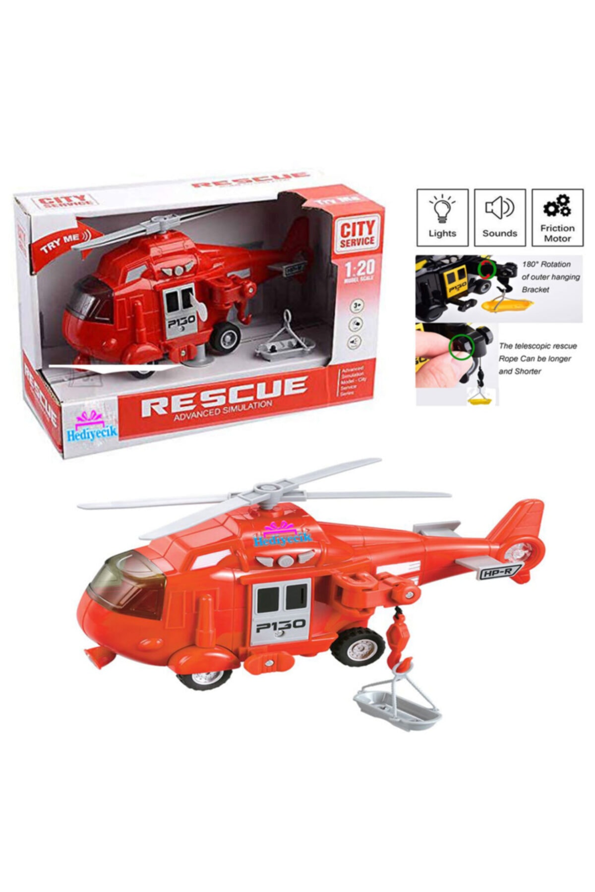 hediyecik Oyuncak 1:20 Sesli Ve Işıklı Kurtarma Helikopteri Kırmızı