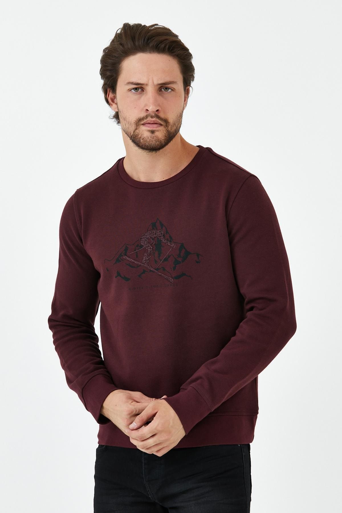 ENQUE Erkek Baskılı Bisiklet Yaka Sweat Bordo