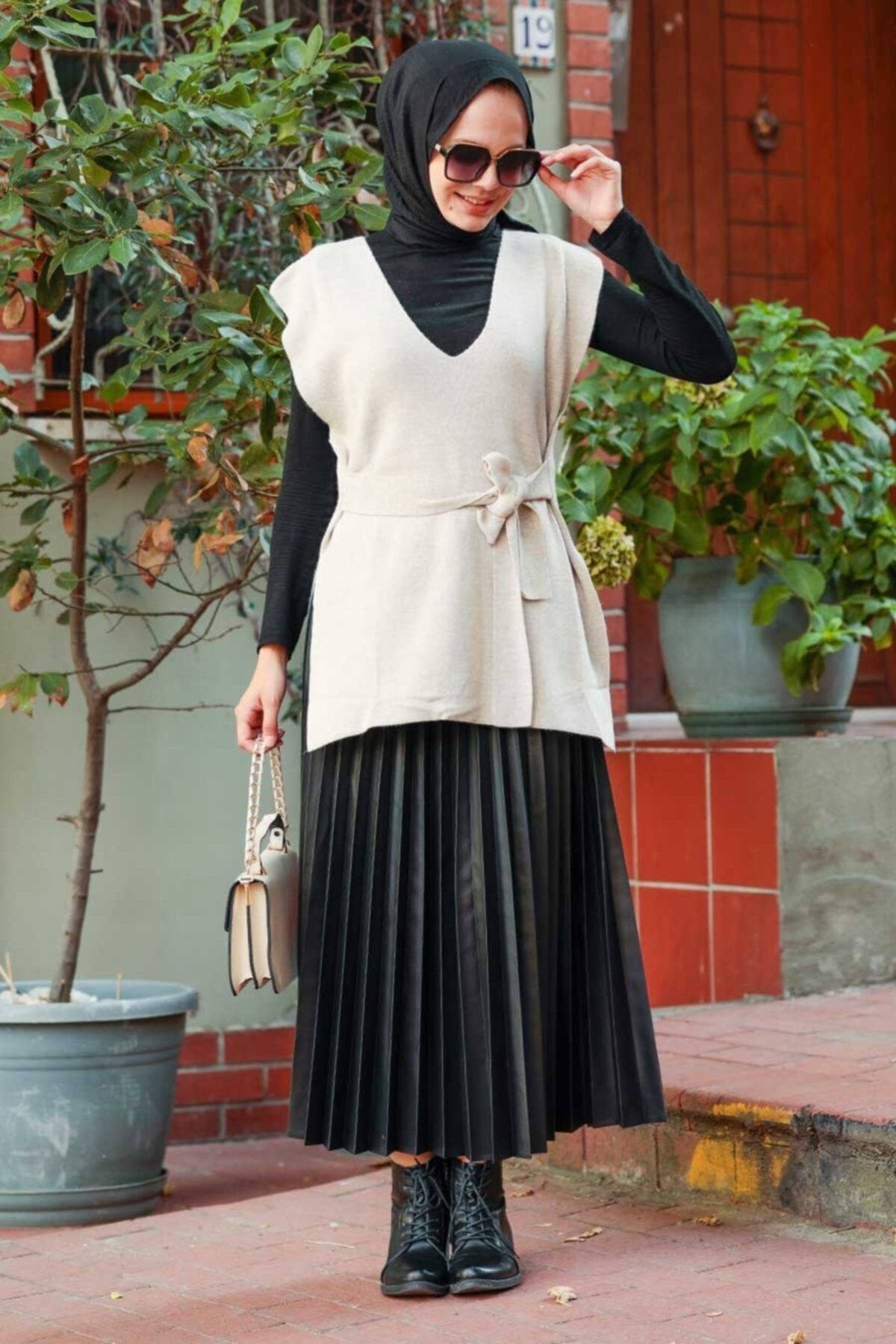 Neva Style - Kemerli Bej Tesettür Triko Süveter 46500bej