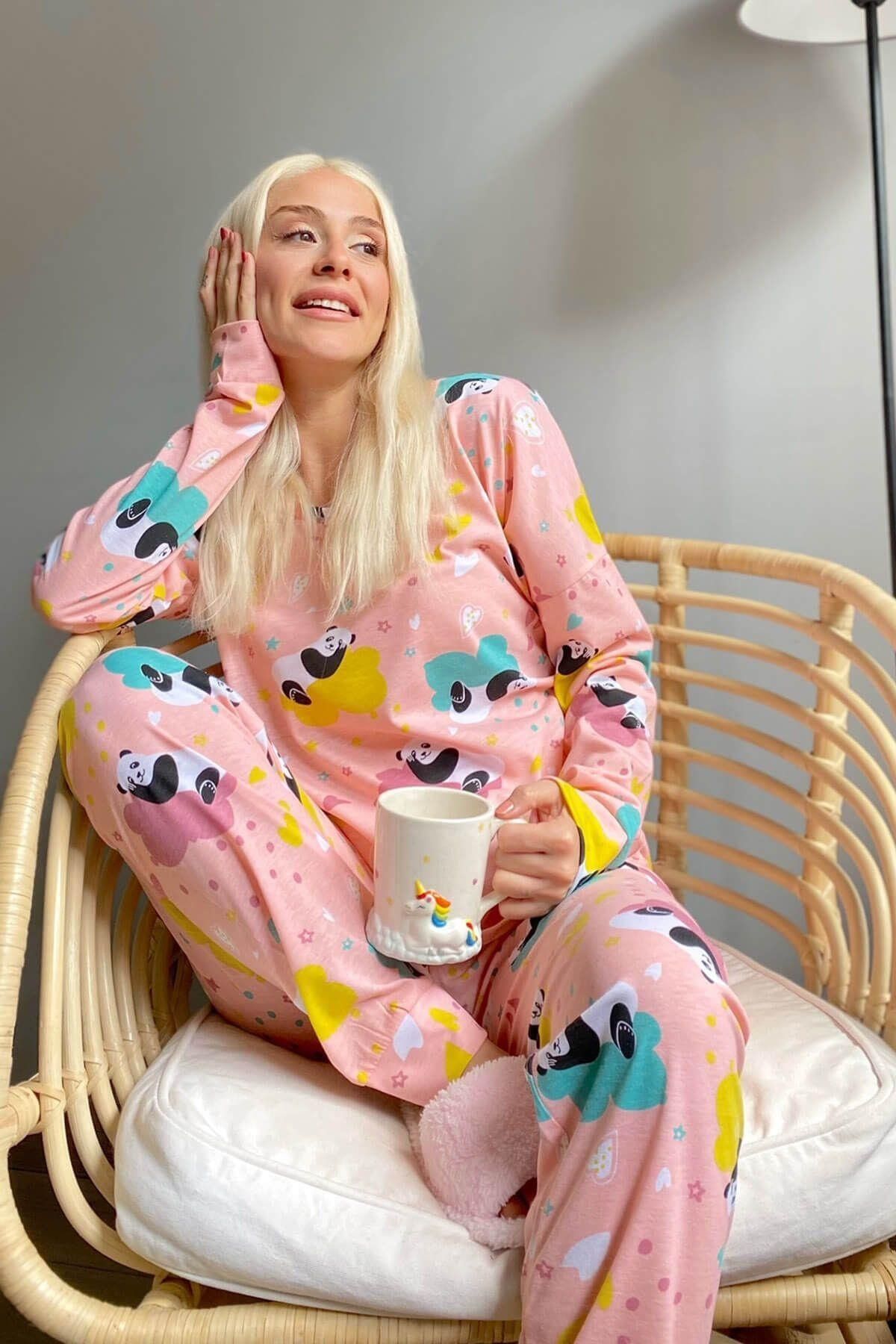 Pijamaevi Somon Panda Baskılı Uzun Kol Kadın Pijama Takımı