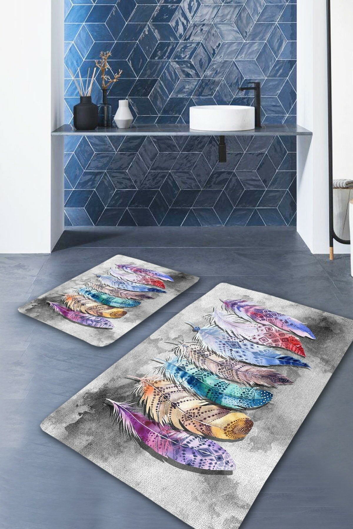 Resmiro Blue Spring Yapraklı Yıkanabilir 2li Banyo Halısı Paspas Klozet Takımı