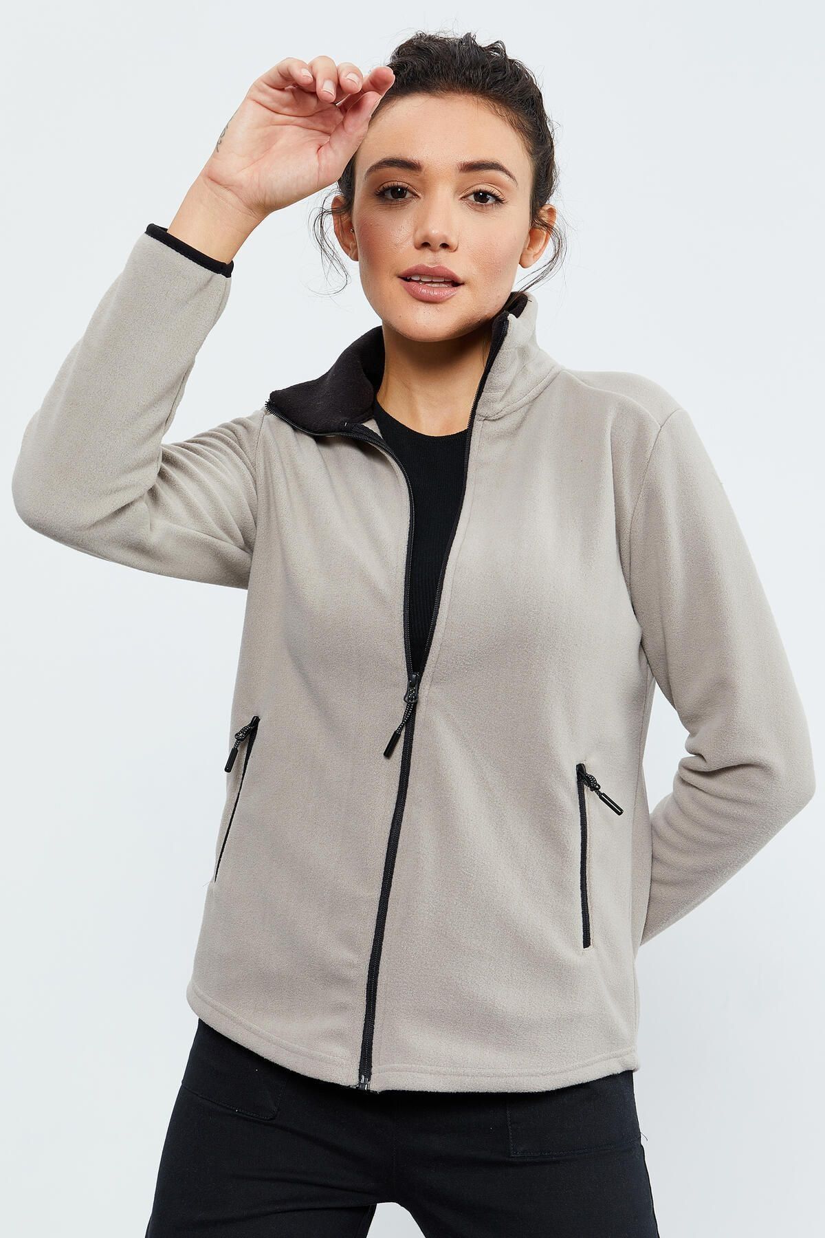 Tommy Life Tommylife Koyu Bej Kadın Dik Yaka Fermuarlı Rahat Form Polar Sweatshirt - 97173