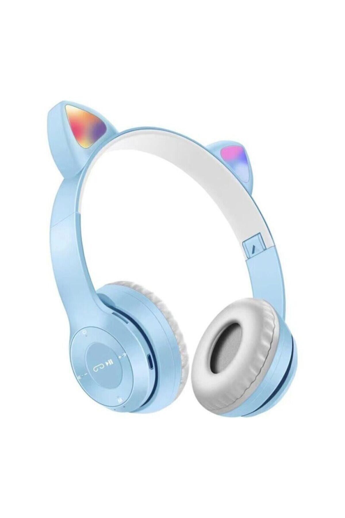 OWWOTECH P47m Işıklı Bluetooth Kulaklık 5.0 Kablosuz Katlanabilir Kedili Kulaklık Parti Işıklı Kulaklık-mavi