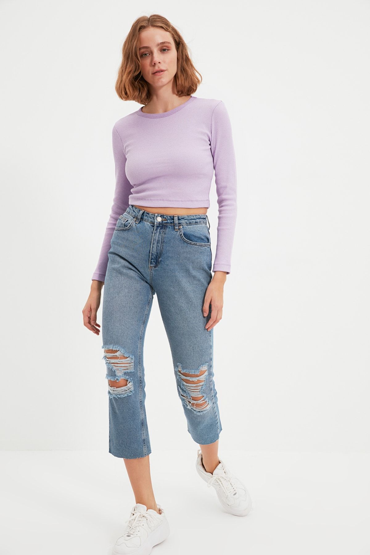 TRENDYOLMİLLA Mavi Petite %100 Organik Pamuk Yırtık Detaylı Yüksek Bel Straight Jeans TWOAW22JE0232