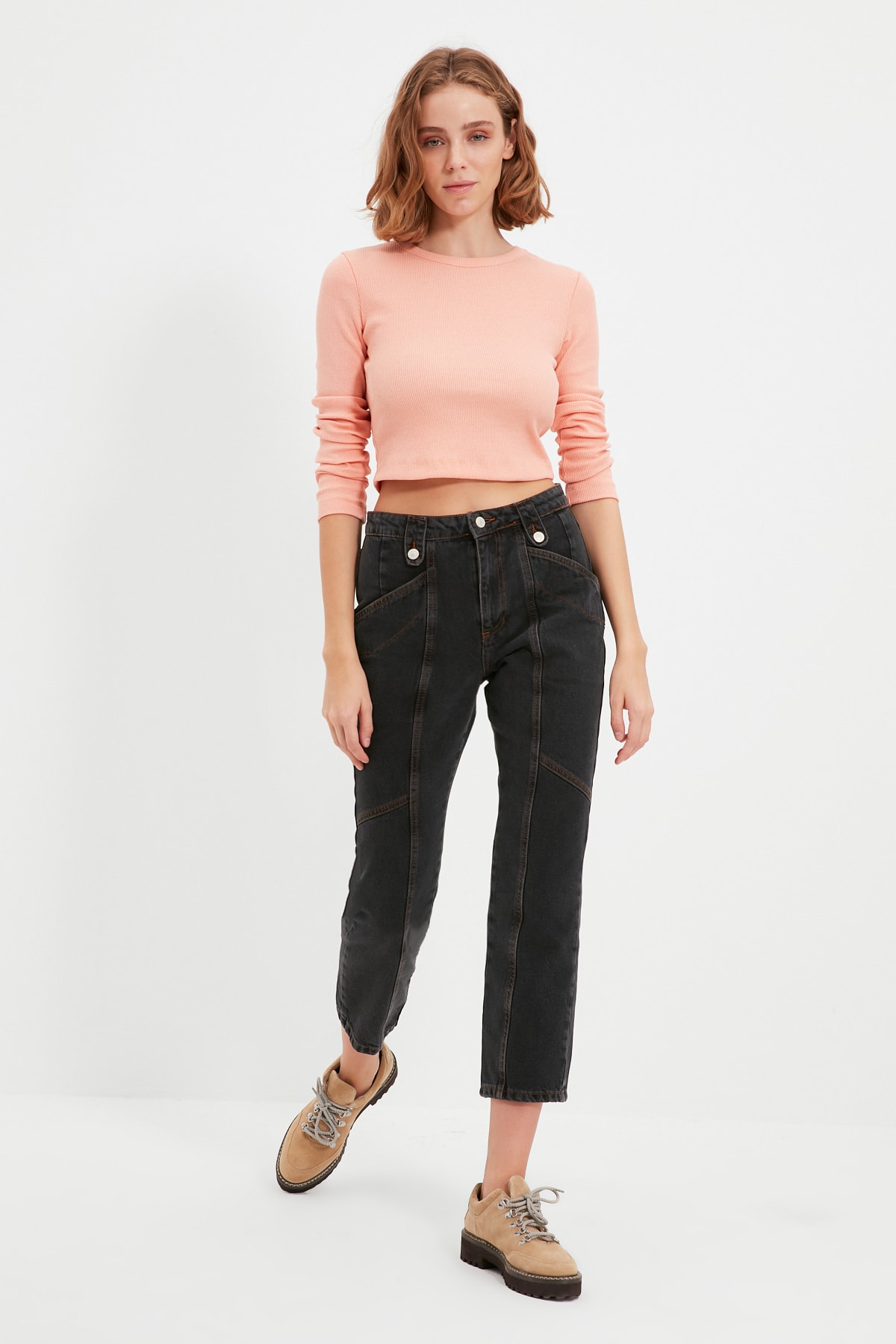 TRENDYOLMİLLA Antrasit Recycle Dikiş Detaylı Yüksek Bel Straight Jeans TWOAW22JE0228