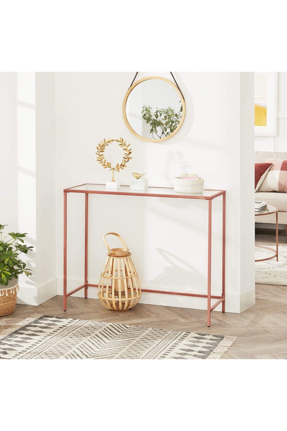 tino furniture Greenwich Rose Gold Metal Cam Raflı Dresuar Konsol 75x30