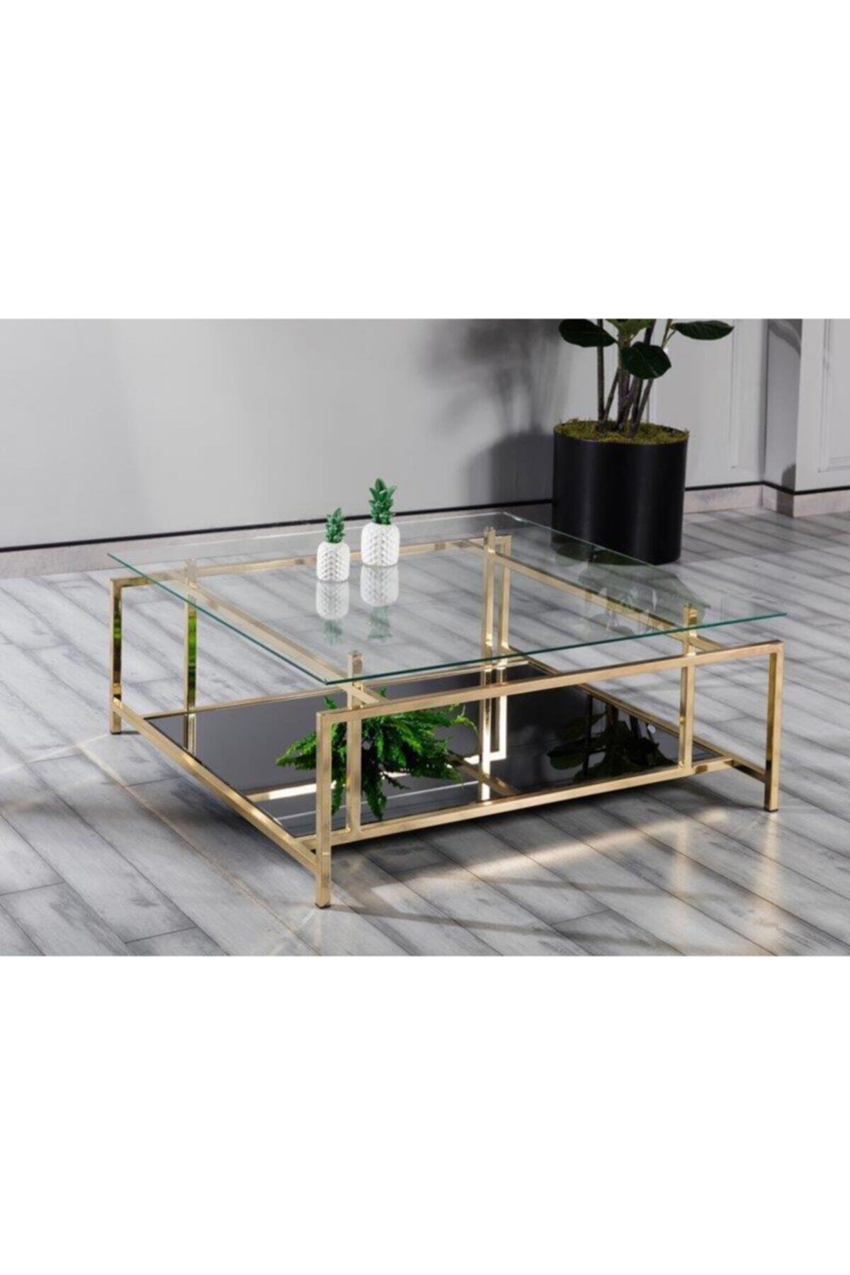 Fidex Home Modern Tasarımlar Orta Sehpa Gold Ayak Alt Siyah Aynalı Üst Şeffaf Cam 100cm