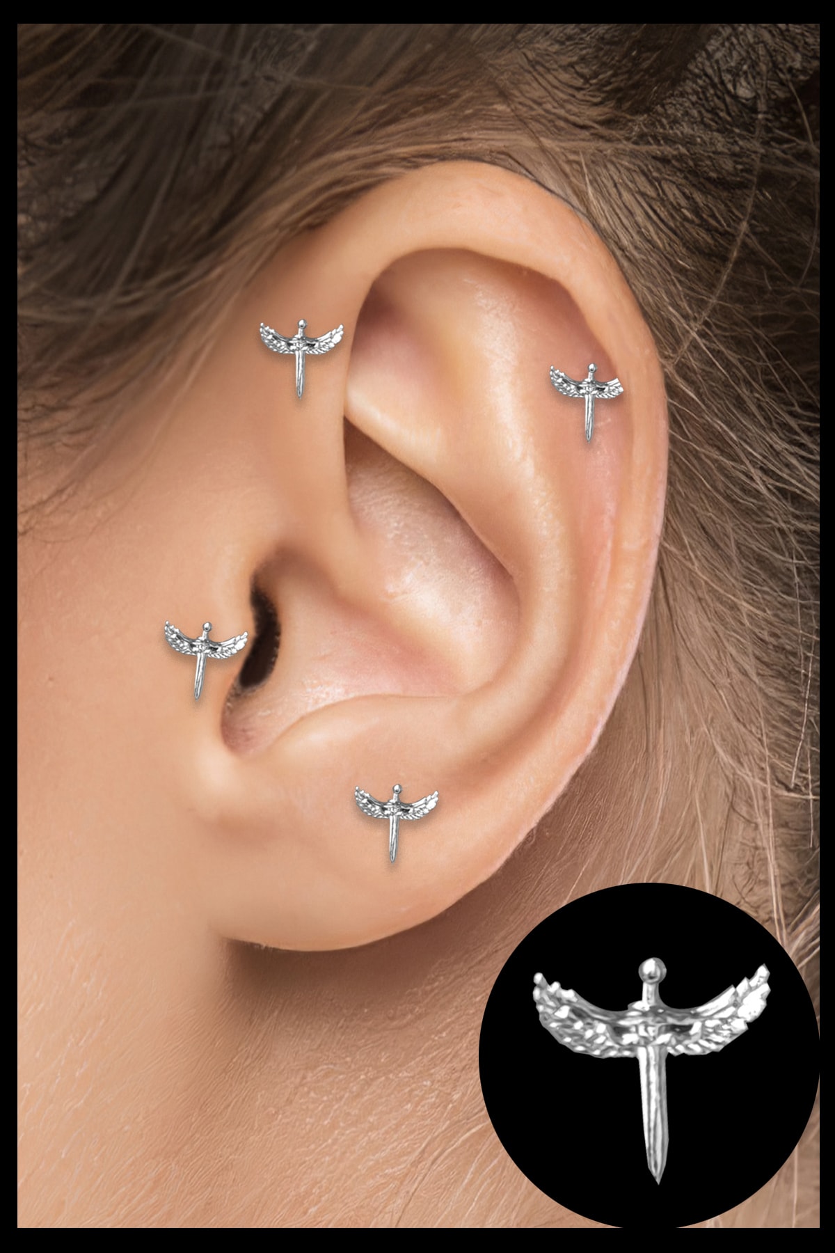 Salyangoz Company Cerrahi Çelik Kıkırdak Helix Tragus Piercing Gümüş Renk Mikail Meleği Figürlü (1 Adet) Mklgu01