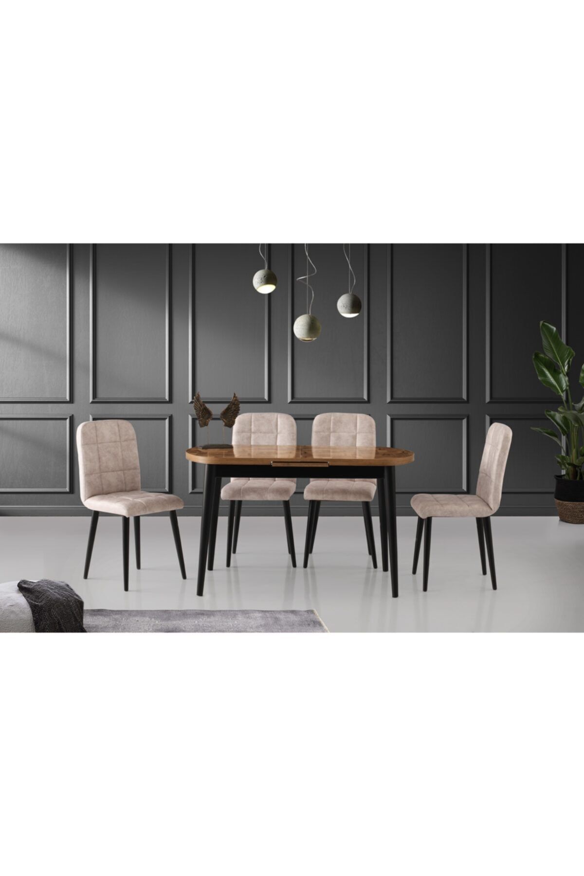 Evistro Ortadan Açılır Ahşap Salon Yemek Masası Oval Parke Desen + 6 Krem Sandalye Takım