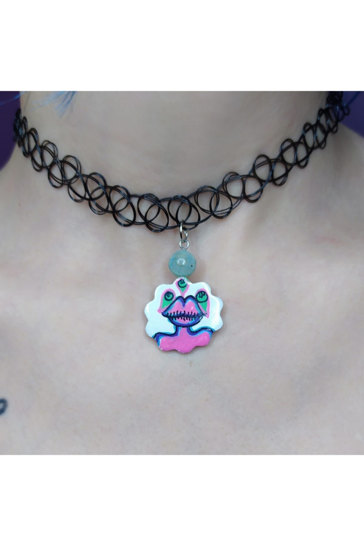 mamaokaliptus El Yapımı Çiçek Mavi Akik Choker Tasma Kolye Seramik Kil Takı Tasarım Dövme Kolye Tattoo Choker