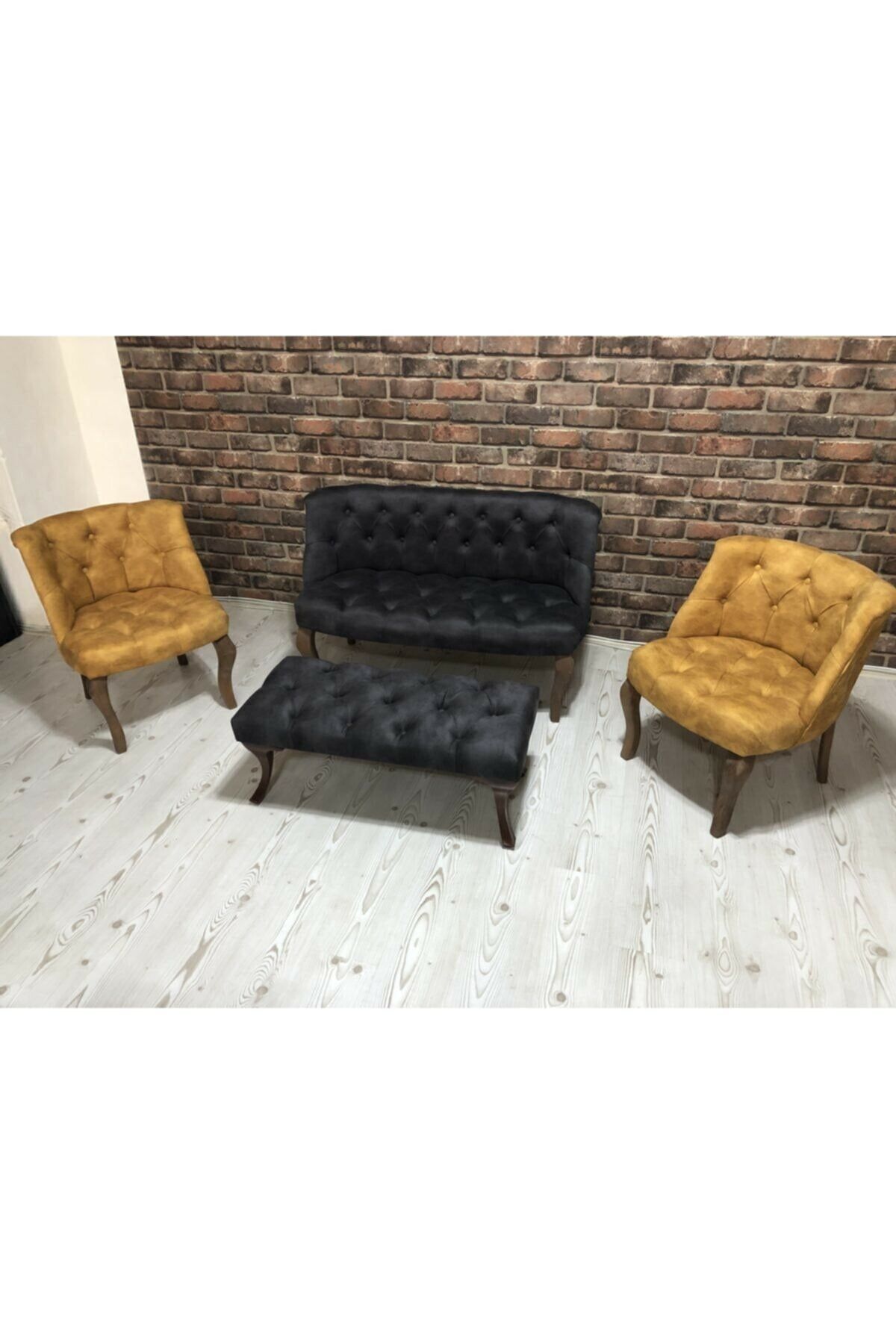 ElizzanMobilya Antrasit ve Sarı Çay Seti Berjer Koltuk Takımı 2+1+1 Koltuk  Bench Bank