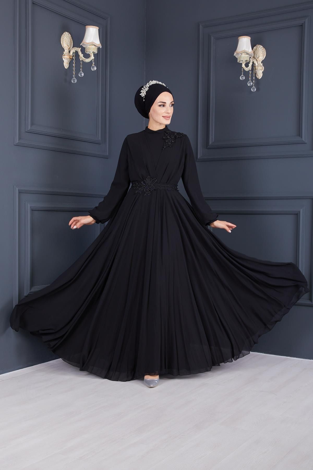Moda Echer Güpür Detaylı Şifon Tesettür Abiye Elbise 7675