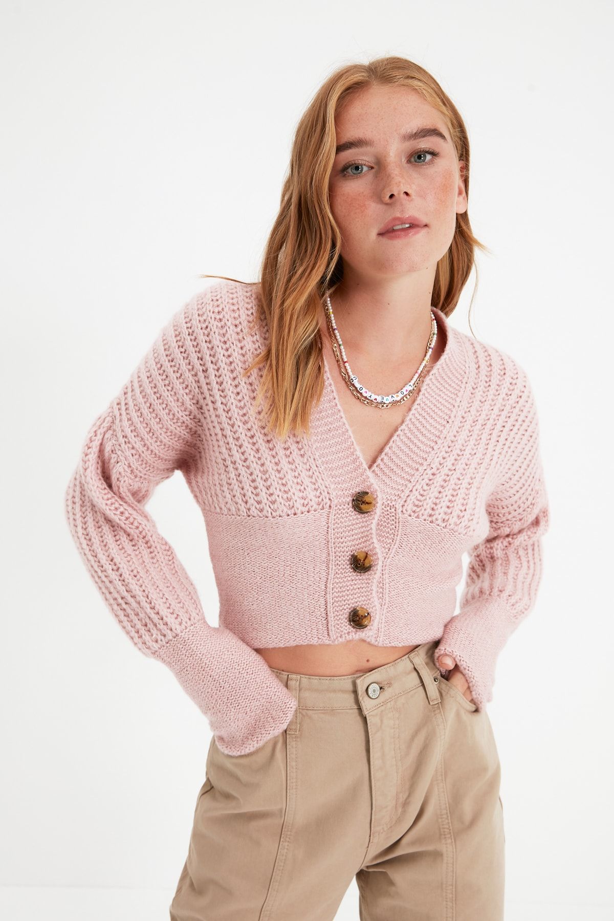 TRENDYOLMİLLA Pembe Crop Triko Hırka TWOAW22HI0664