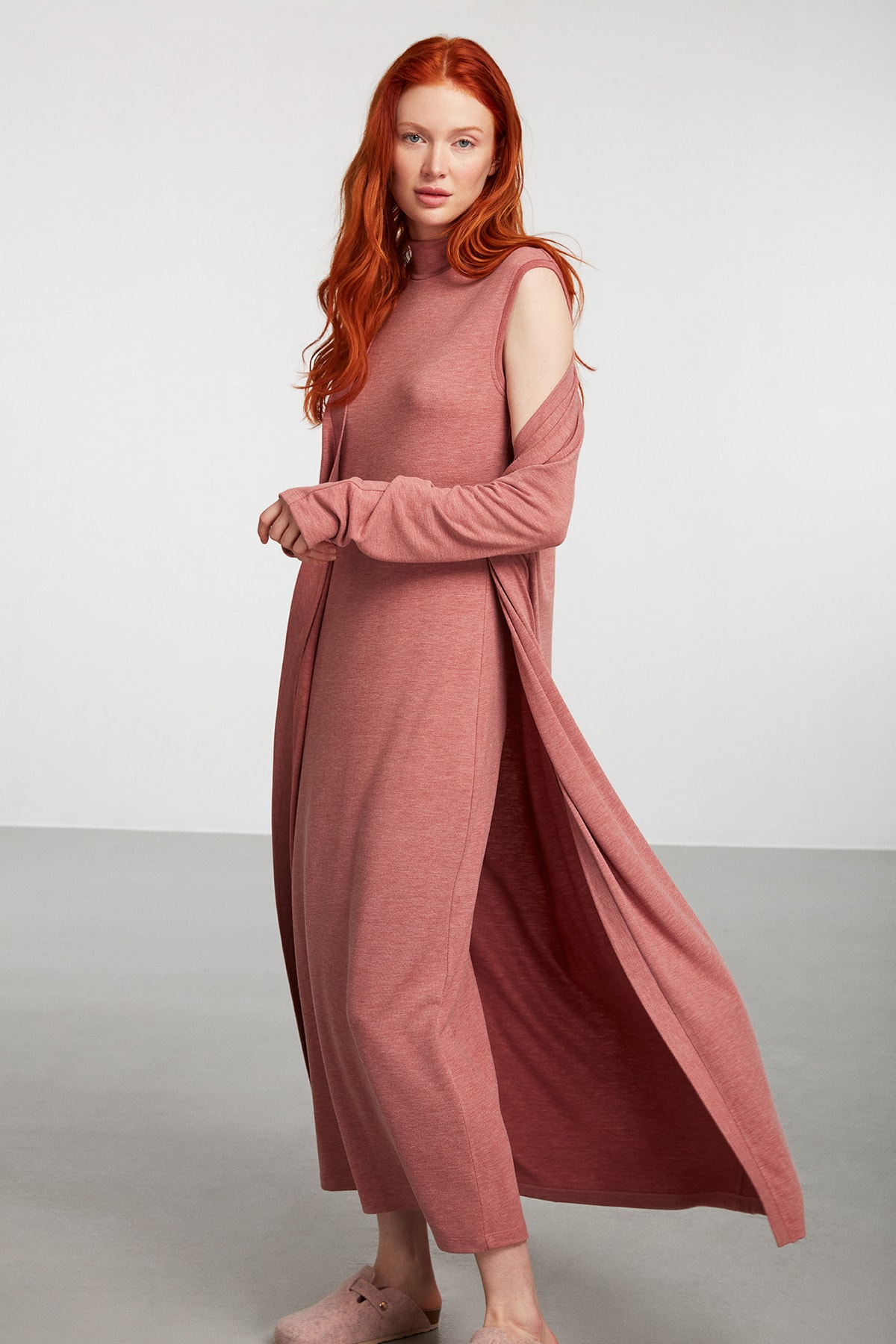 Penyemood Pembe Örme Sabahlık Elbise Takım