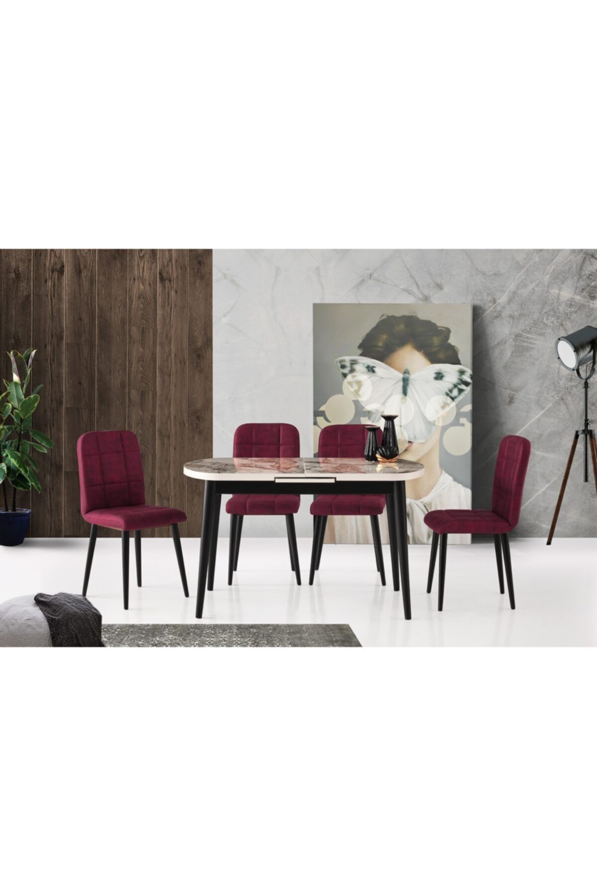 Evistro Ortadan Açılır Ahşap Salon Yemek Masası Oval Mermer Desen + 6 Bordo Sandalye Takım