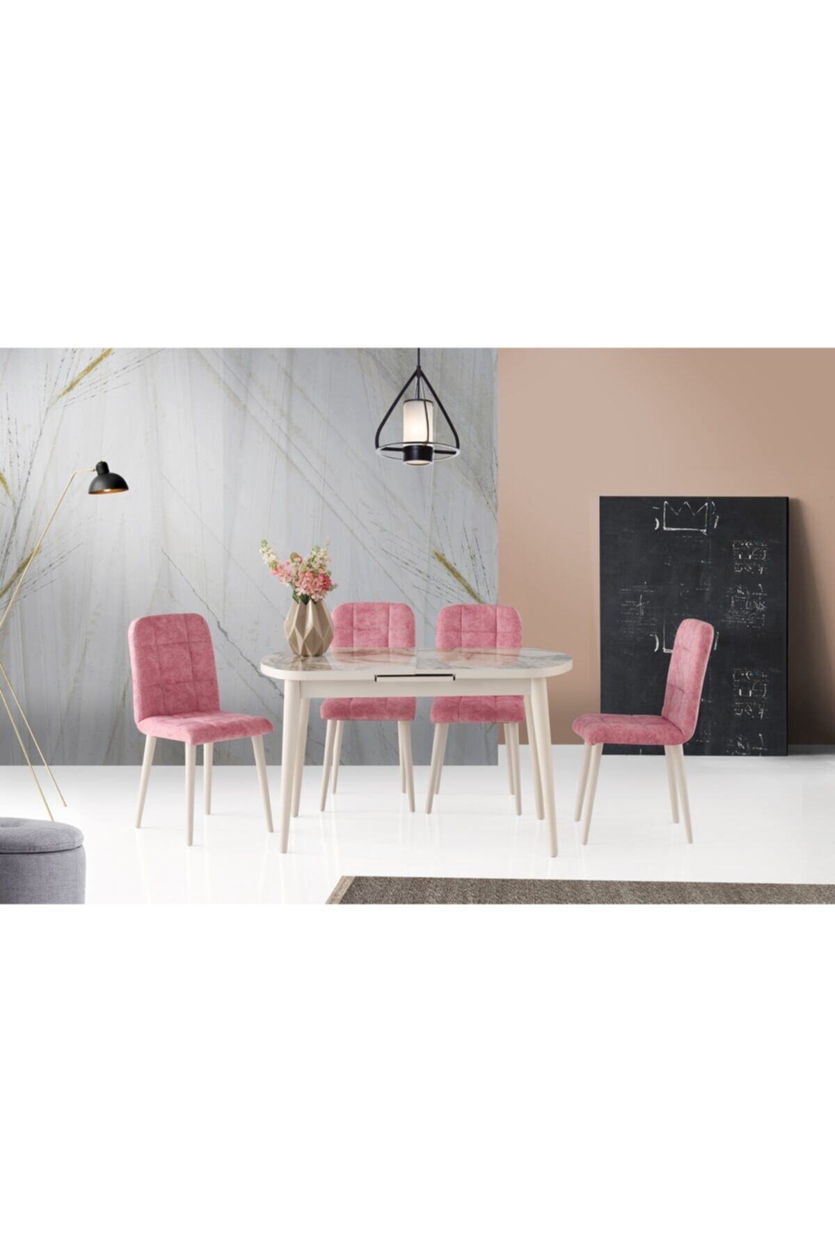 Evistro Ortadan Açılır Ahşap Salon Yemek Masası Oval Mermer Desen + 6 Pembe Sandalye Takım