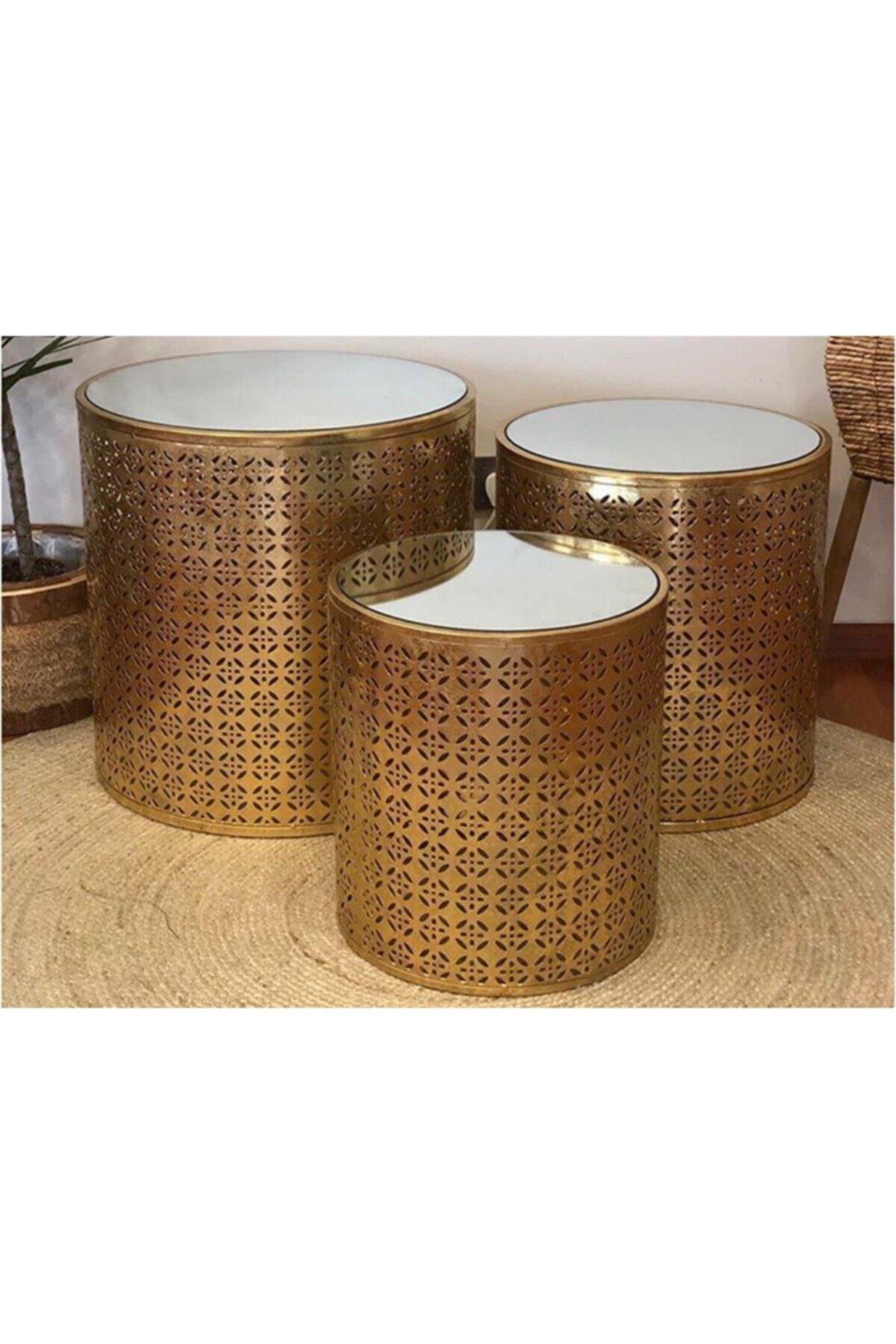 Fidex Home 3'lü Silindir Metal Ayak Modern Zigon Sehpa Gold 50cm