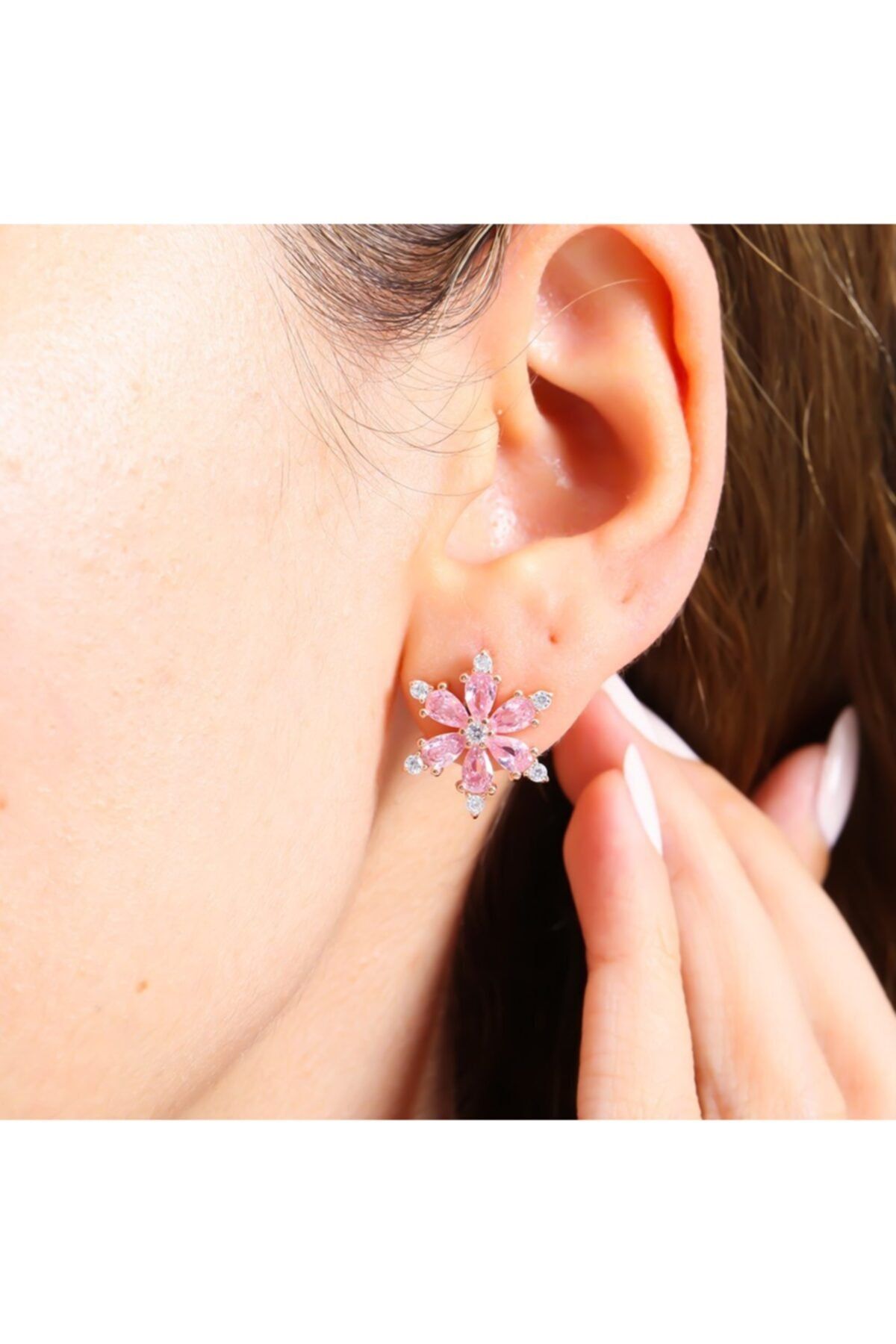 Mia Vento Pink Taşlı Yıldız Çiçeği Rose Renk Gümüş Küpe