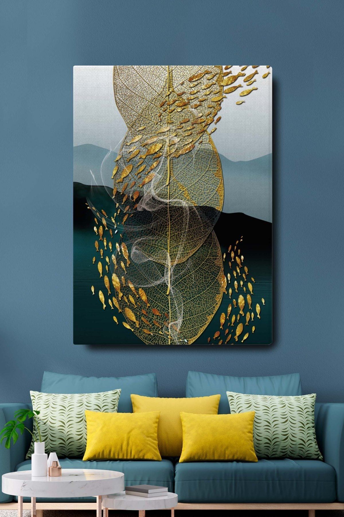 Blok Design Dekoratif Soyut Altın Balıklar Ve Yaprak Sürreal Kanvas Duvar Tablosu