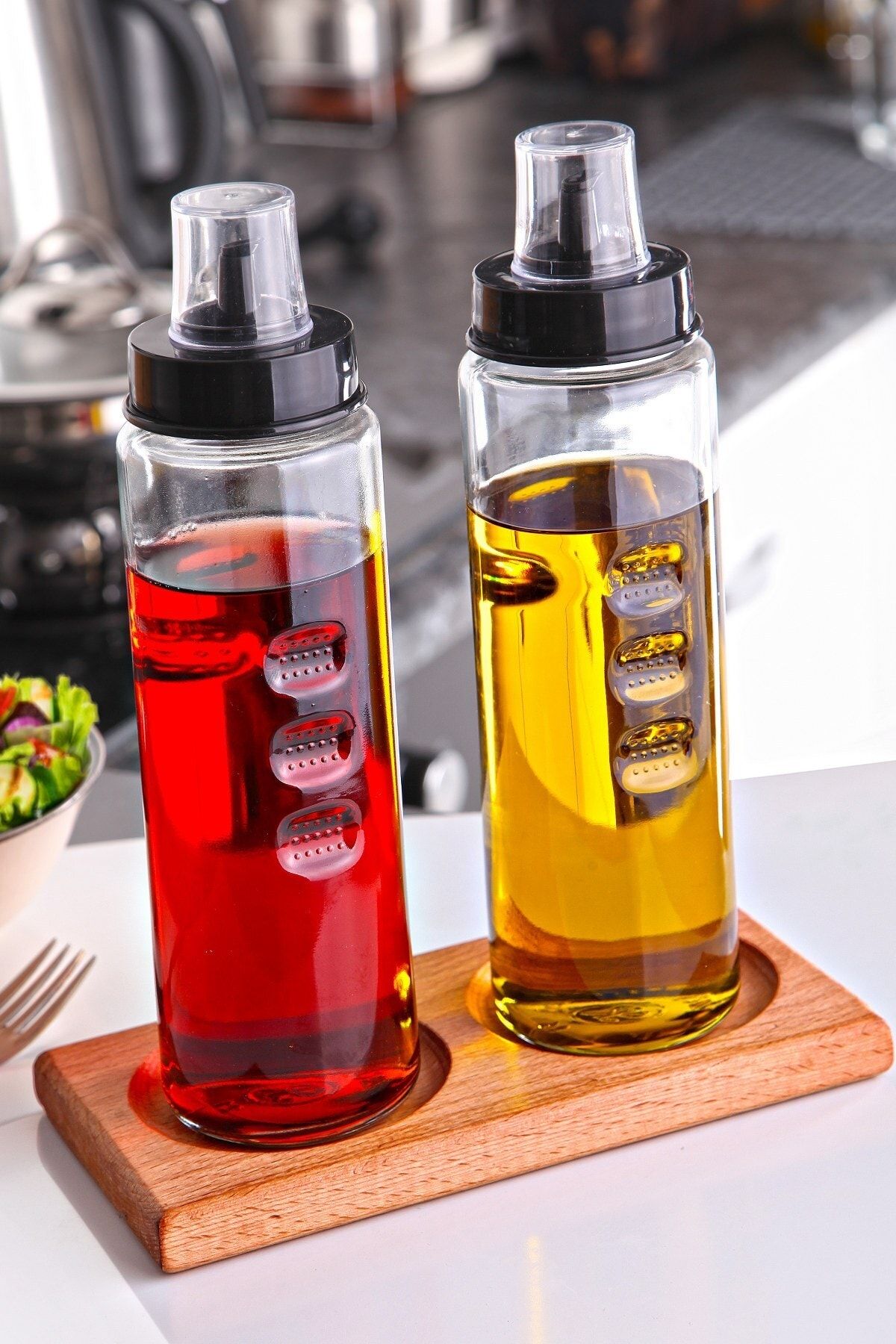 Planet X 3 Parça Ahşap Altlıklı 500 ml Damlatmaz Cam Yağdanlık Sirkelik Seti