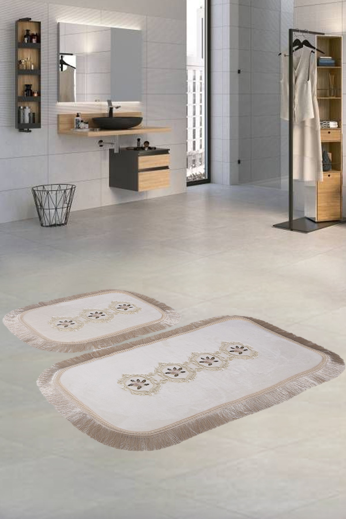 Bonny Home Shems Köşeli Krem 2'li Banyo Paspası Seti Kaymaz Tabanlı Çeyizlik Dantelli Klozet Takımı