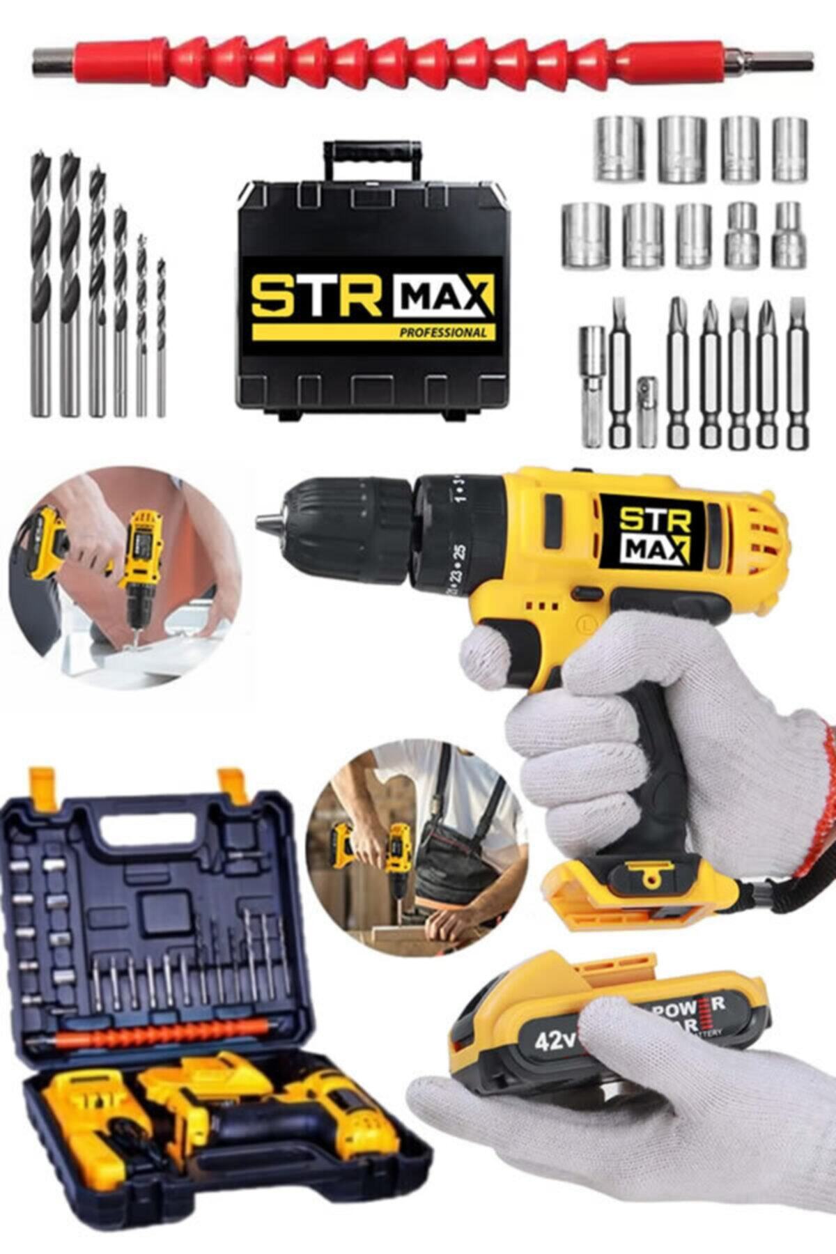 StrMax American 42v 5ah Xmachine Metal Şanzuman Samsung Çift Akülü Şarjlı Vidalama Matkap 27 Parça Usta Set