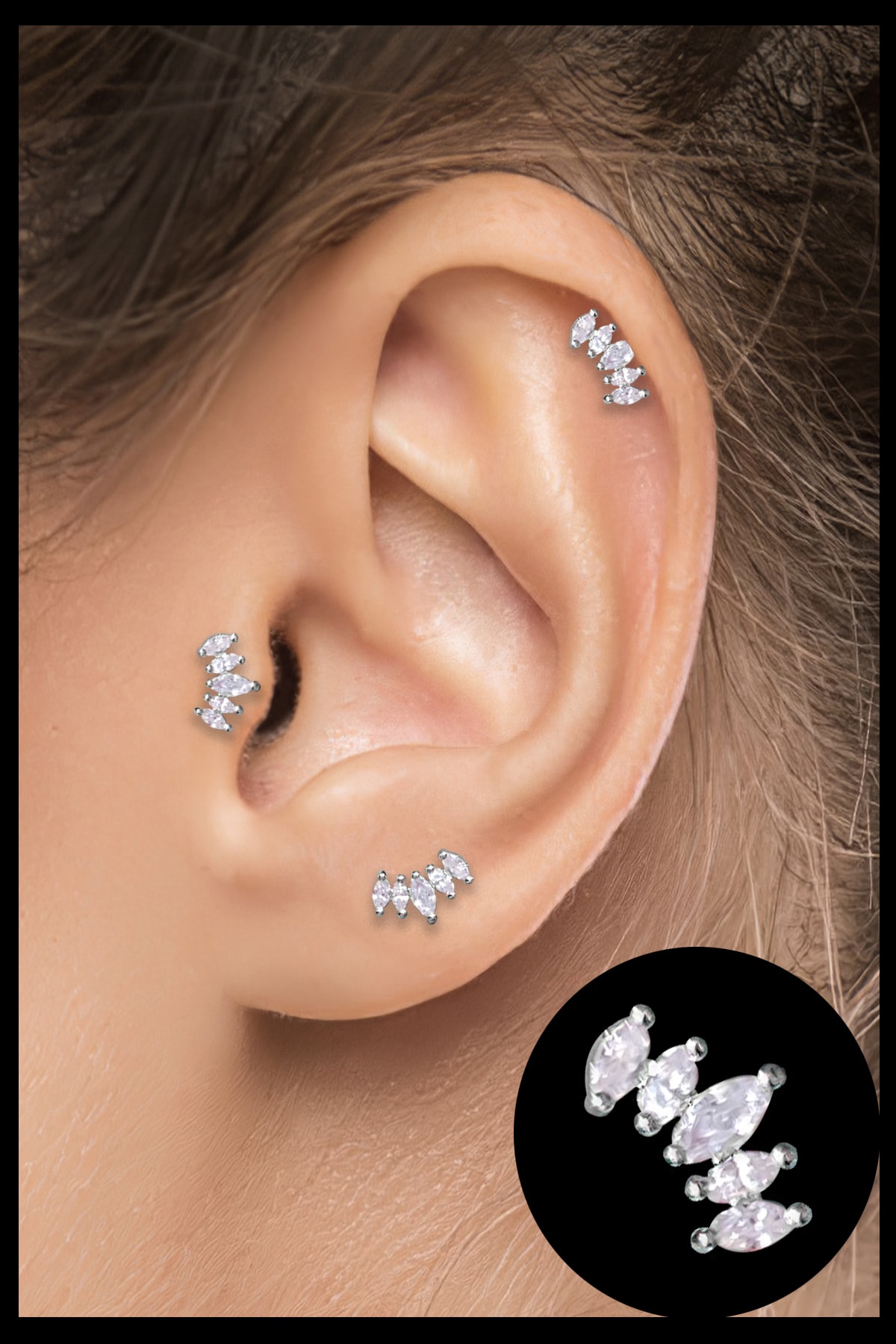 Salyangoz Company Cerrahi Çelik Kıkırdak Helix Tragus Piercing Yan Damla 5 Taş Figür (1 Adet) Yn5ts01