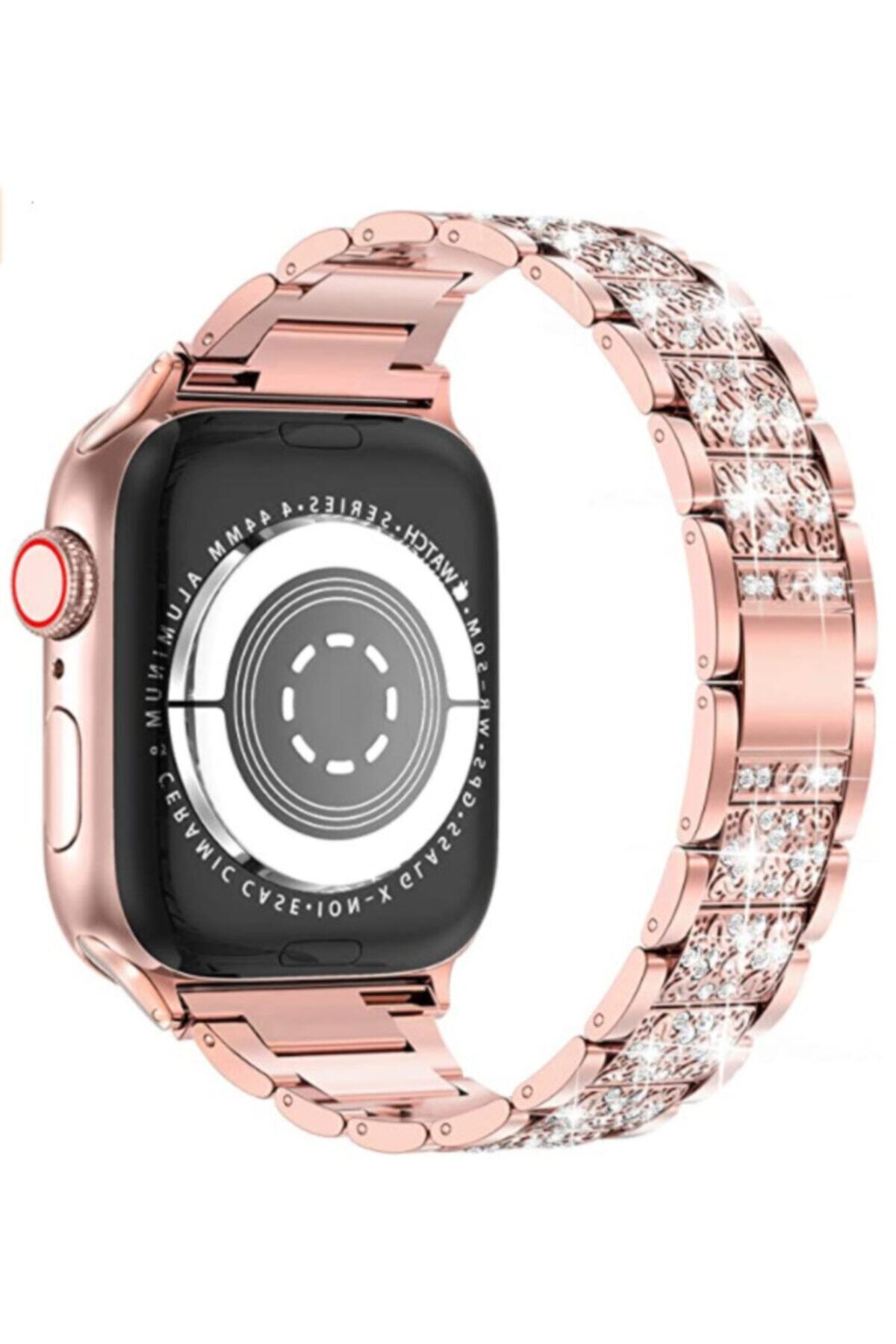 Apple Watch 2 3 4 5 6 Se 44mm Metal Gövde Üzerinde Parlak Taş Görünümlü Tasarım Kordon