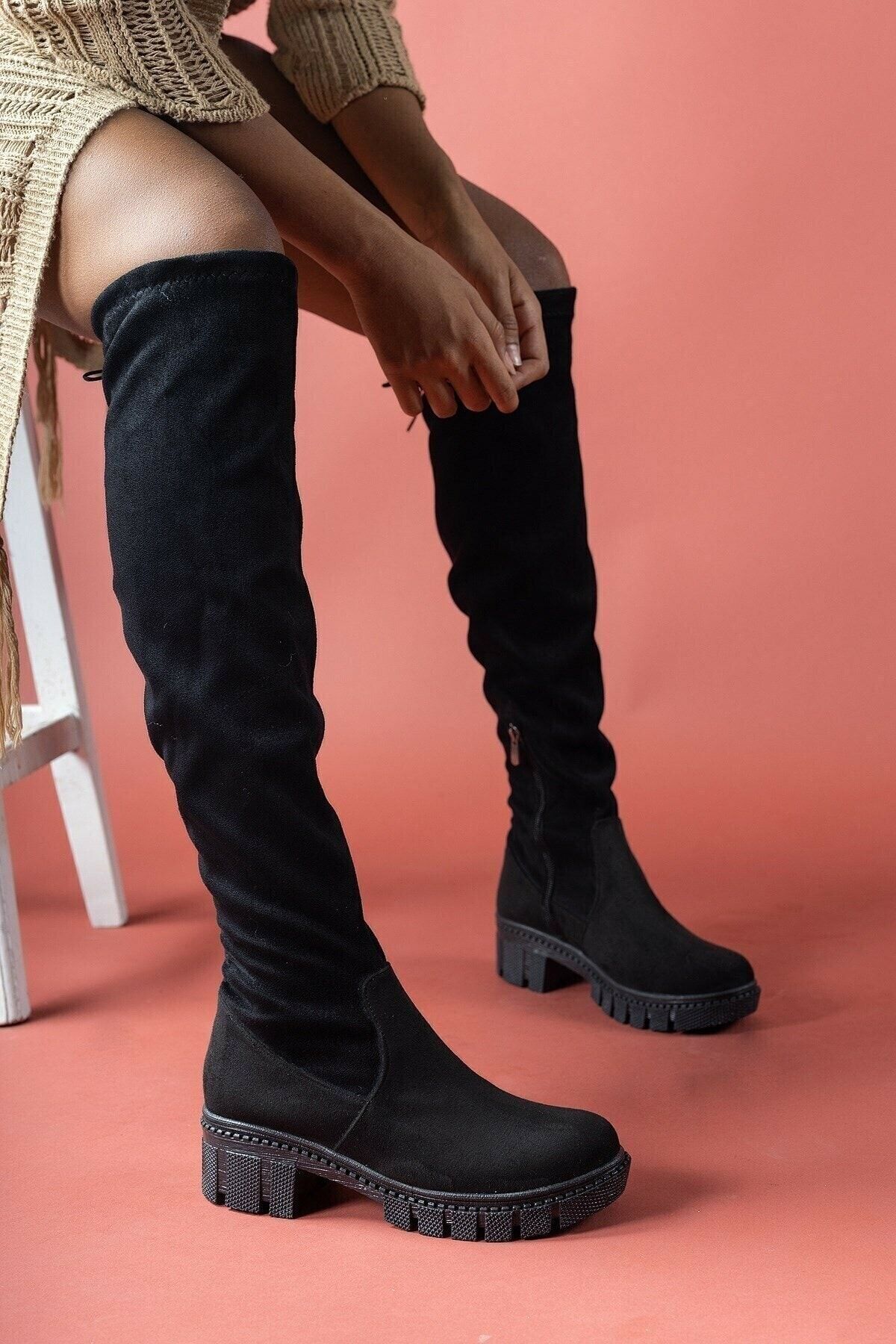 İmerShoes Günlük Diz Üstü Kadın Yüksek Taban Siyah Süet Streç Çorap Çizme Fermuarlı