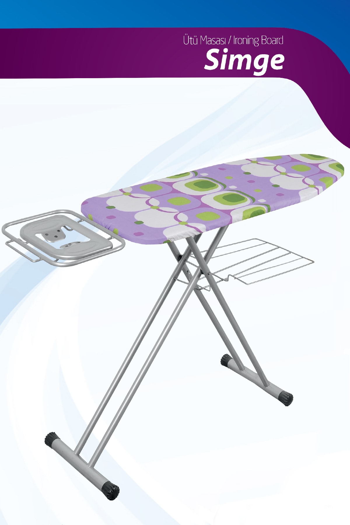 KONÖNAL Simge Monoblok Fişli Ütü Masası! Renkli Kumaş! Alt Sepetli!