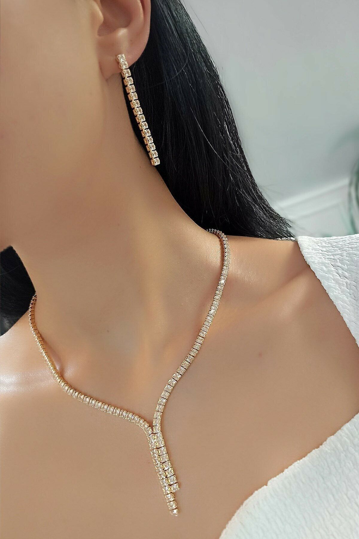 bymissnora Abiye Set Kare Zirkon Taşlı Kolye Küpe Takım